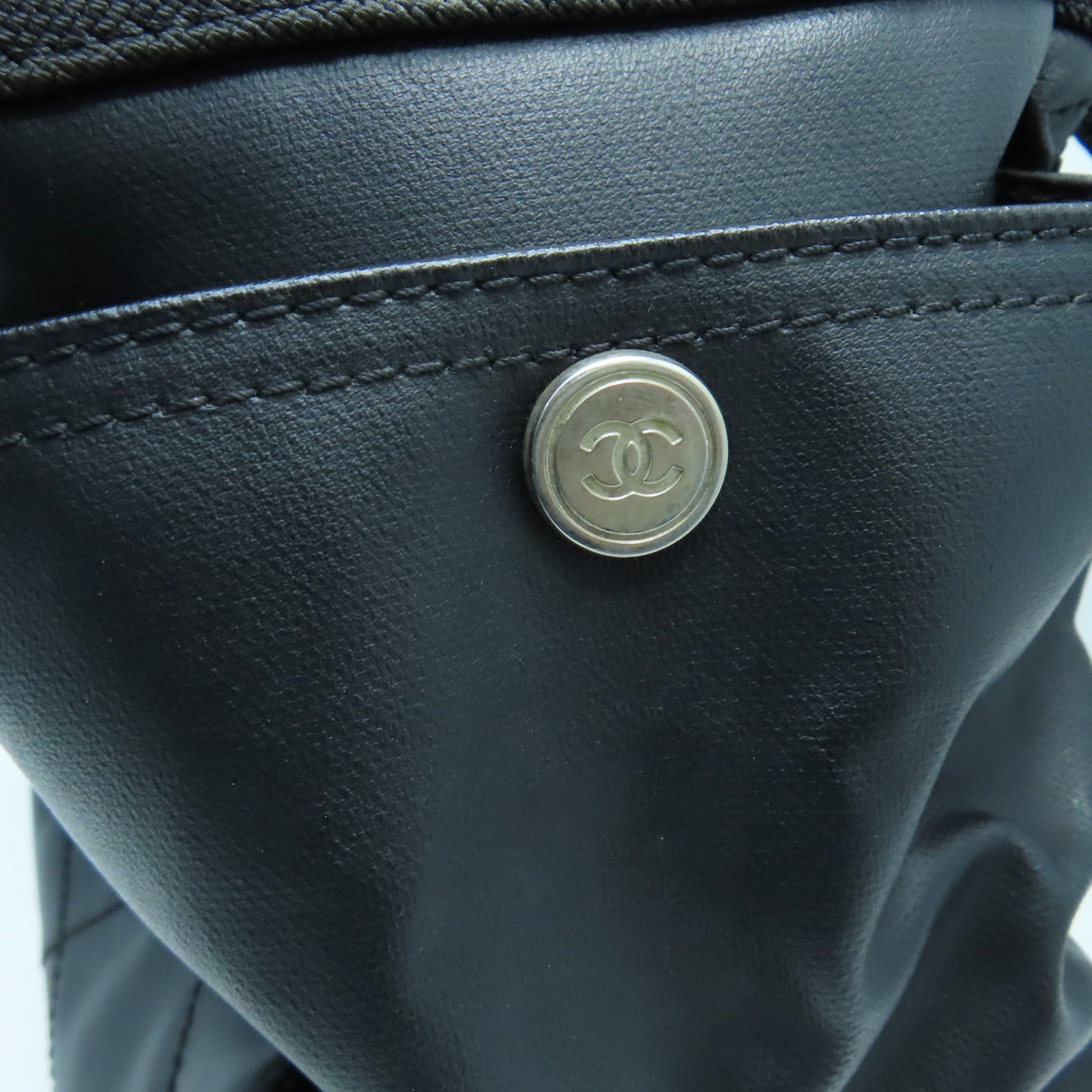 CHANEL 菱格皮革/帆布Tote Bag銀扣手挽袋黑色