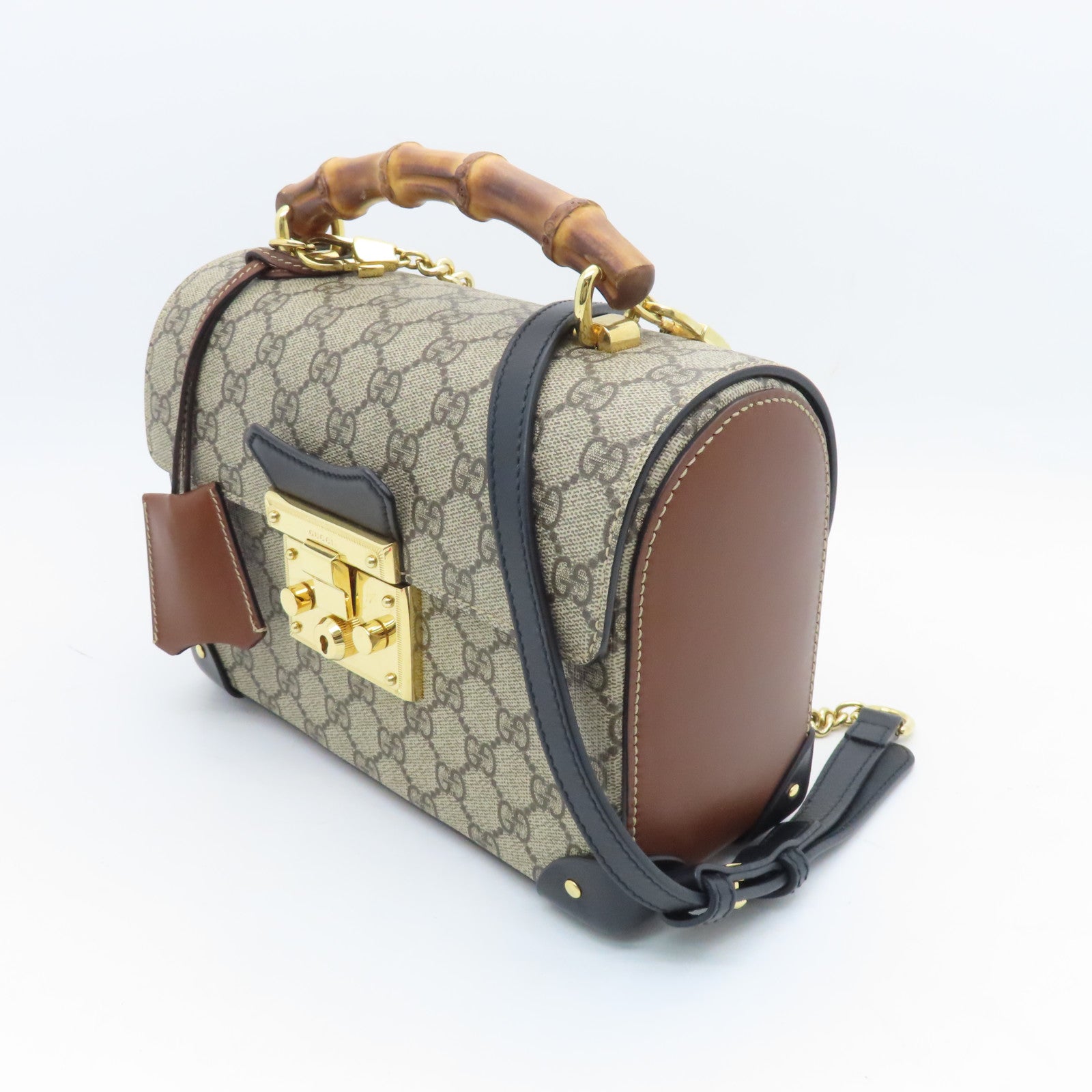 GUCCI Coated Canvas Padlock Chain Shoulder Bag Gold Buckle Hand Chain Belt Shoulder Bag Brown