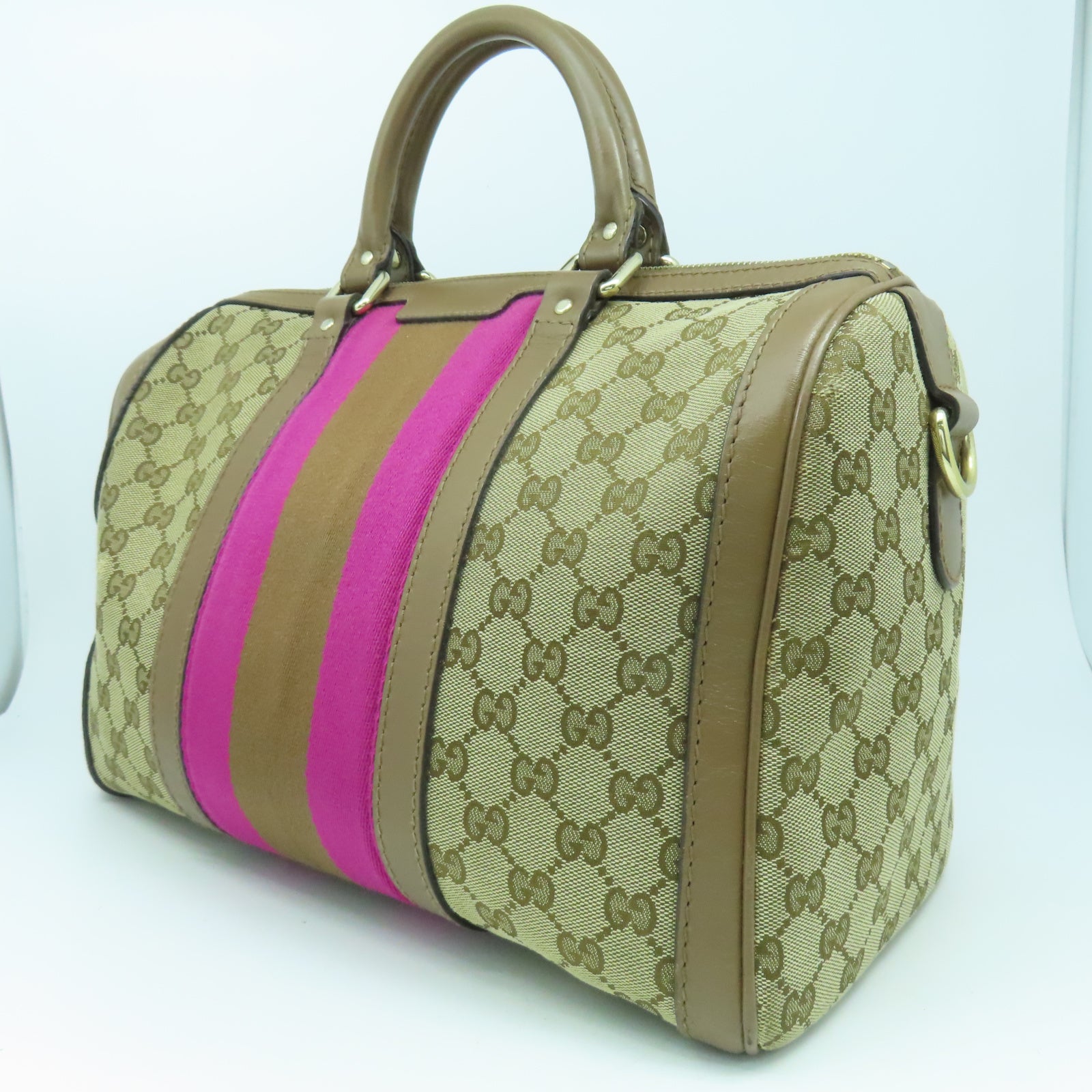 GUCCI 帆布2 Way Shoulder金扣手挽袋啡色/粉紅色