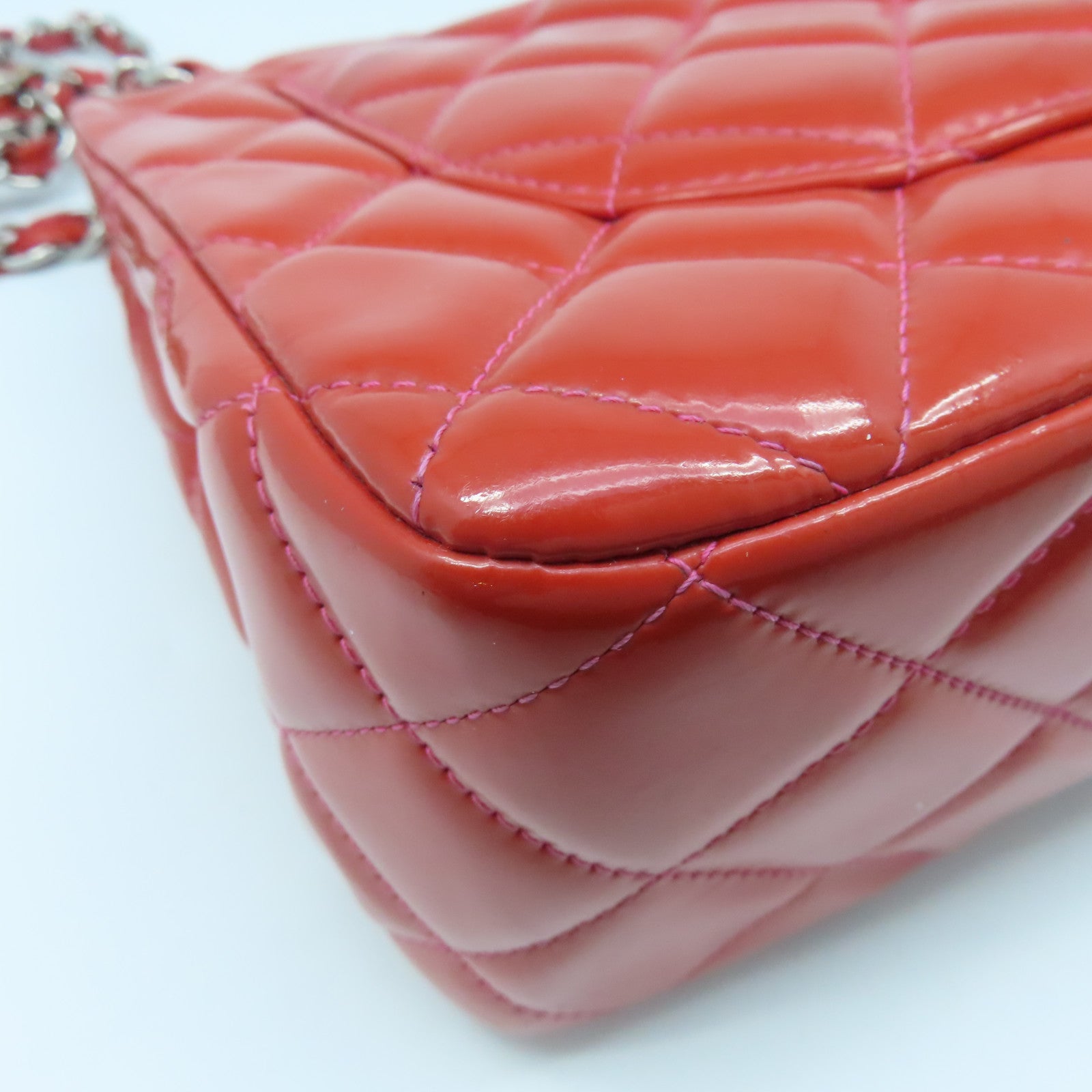 CHANEL 【激減優惠】菱格漆皮皮革Chain Shoulder銀扣鏈帶肩背袋紅色