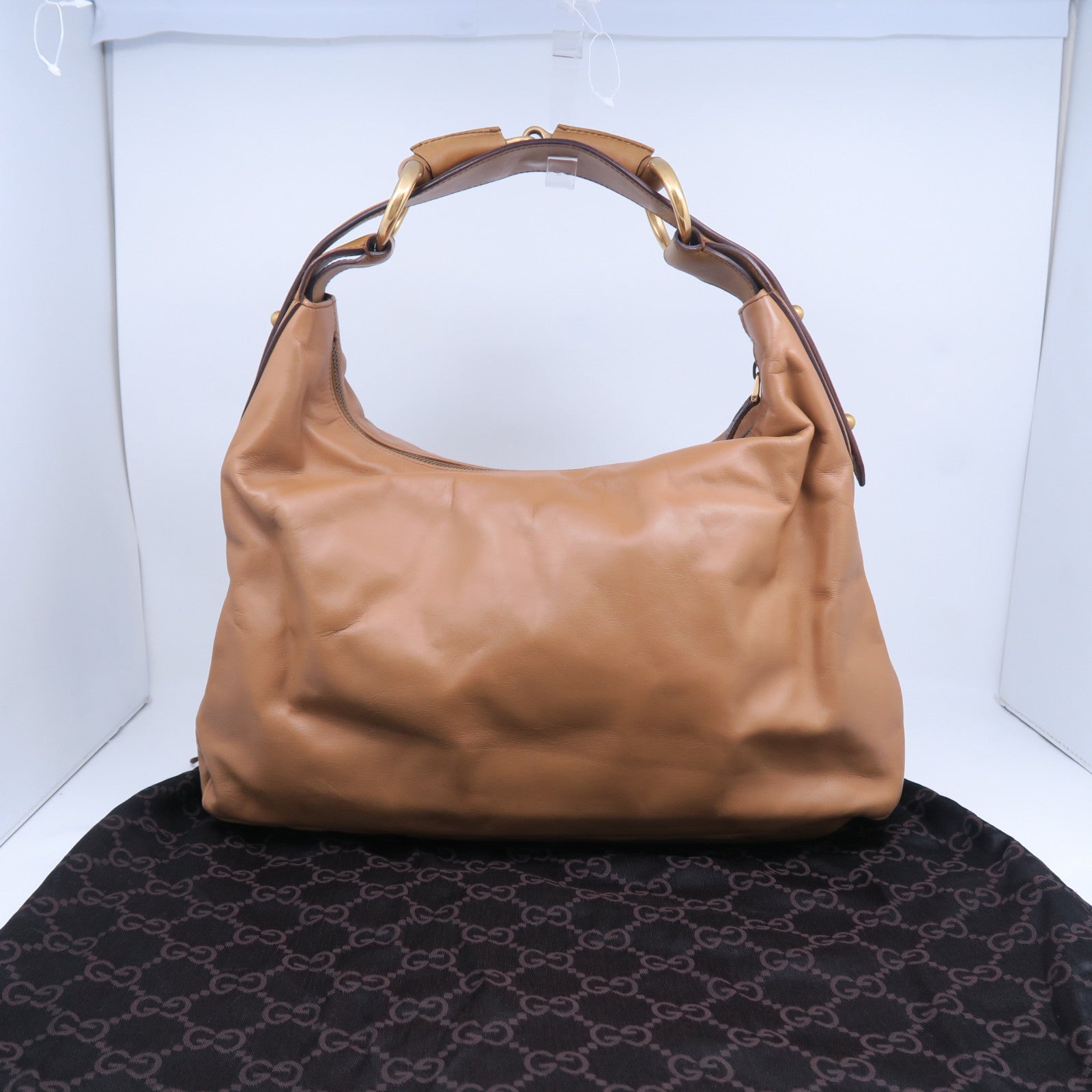 GUCCI 牛皮皮革Horsebit Hobo Bag金扣肩背袋啡色