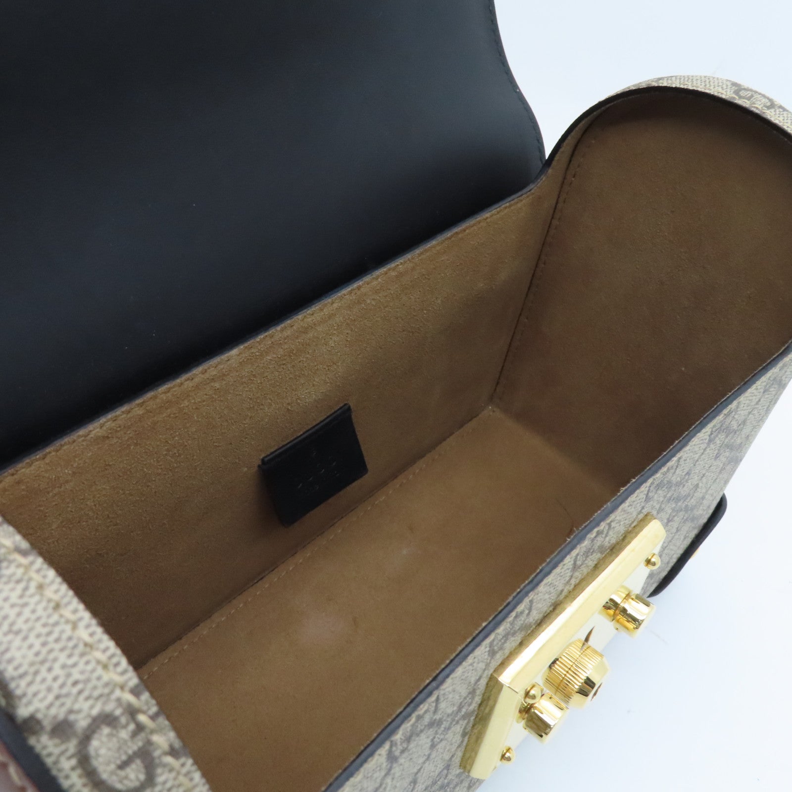 GUCCI Coated Canvas Padlock Chain Shoulder Bag Gold Buckle Hand Chain Belt Shoulder Bag Brown