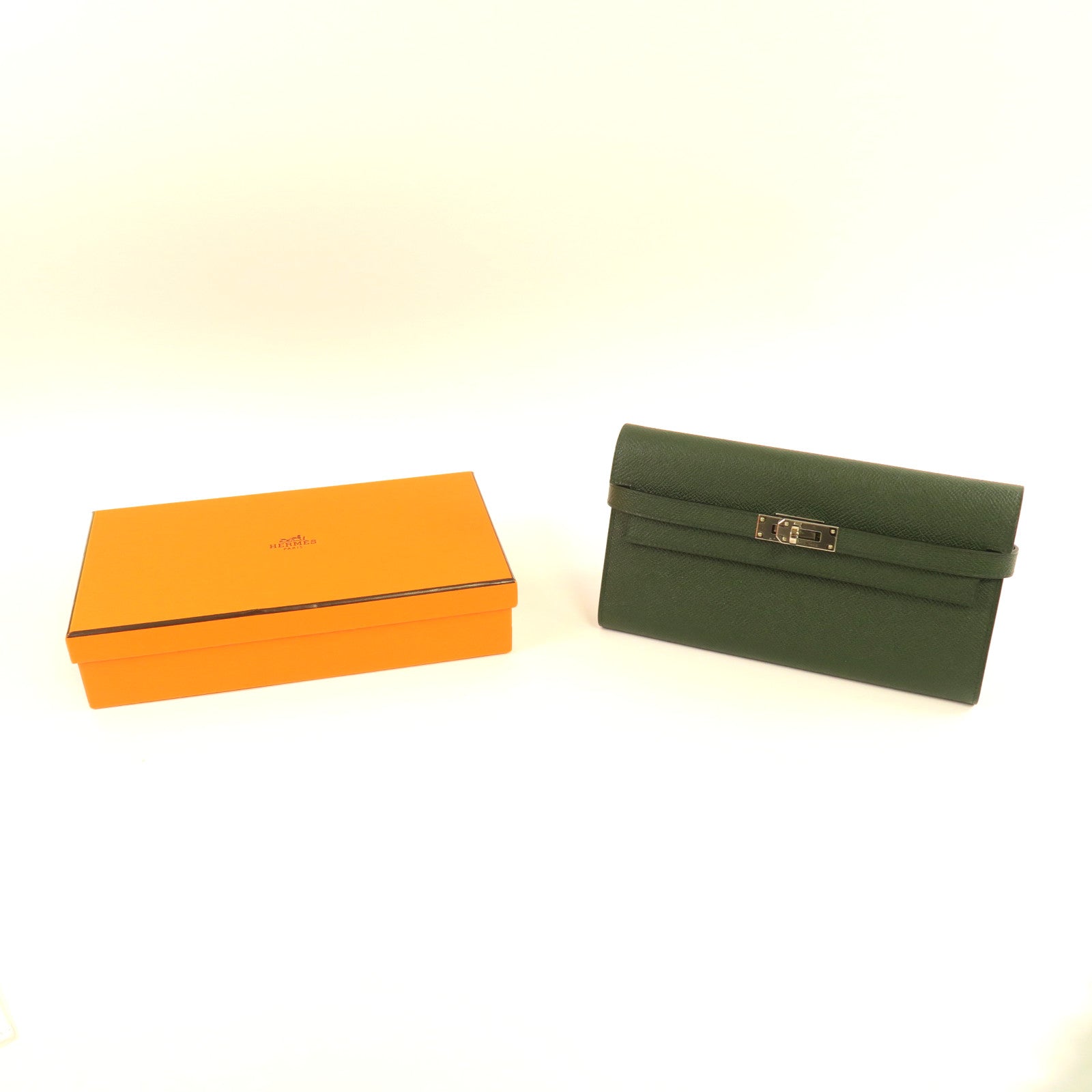 HERMES Epsom皮革Kelly Long Wallet銀扣長錢包英國綠色