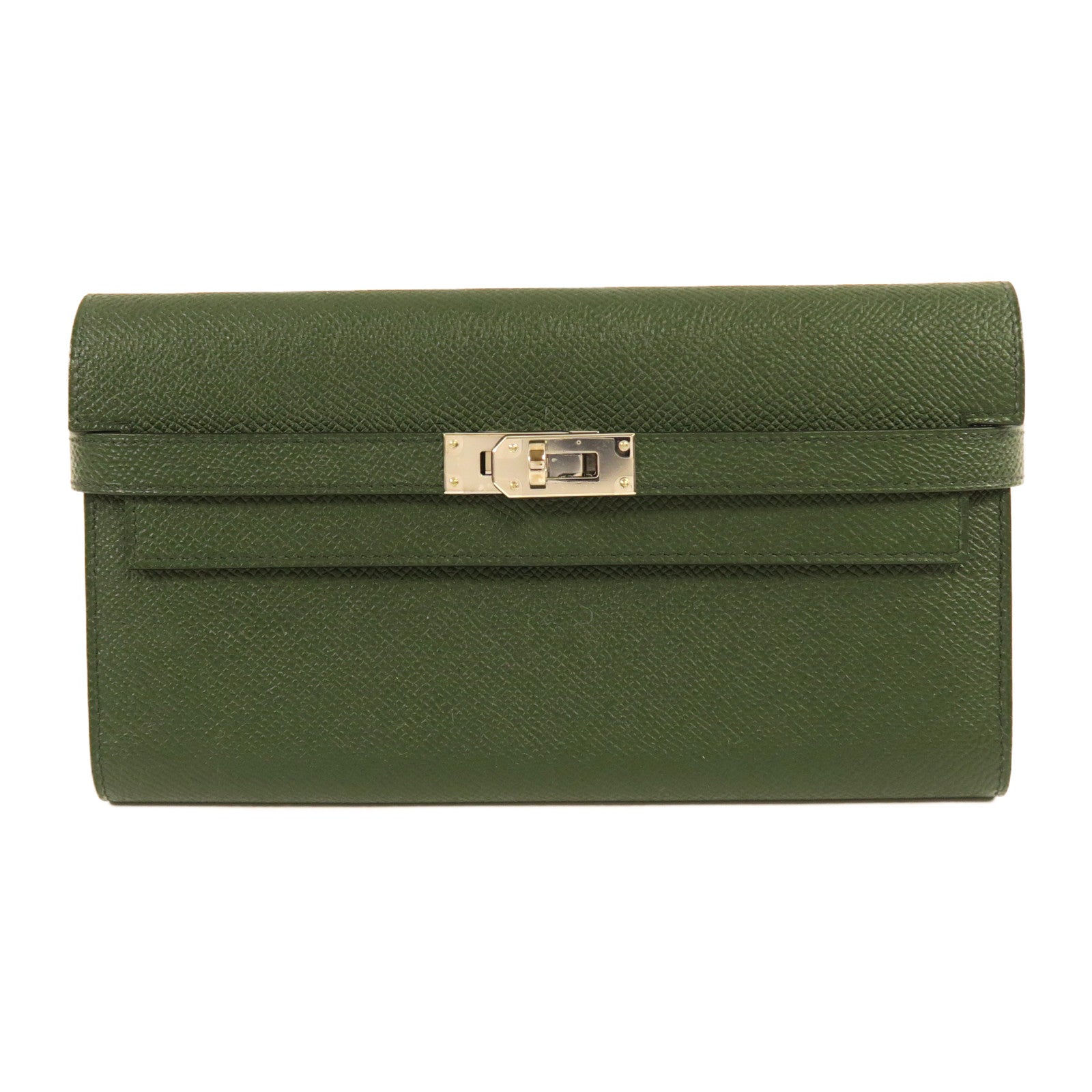 HERMES Epsom皮革Kelly Long Wallet銀扣長錢包英國綠色