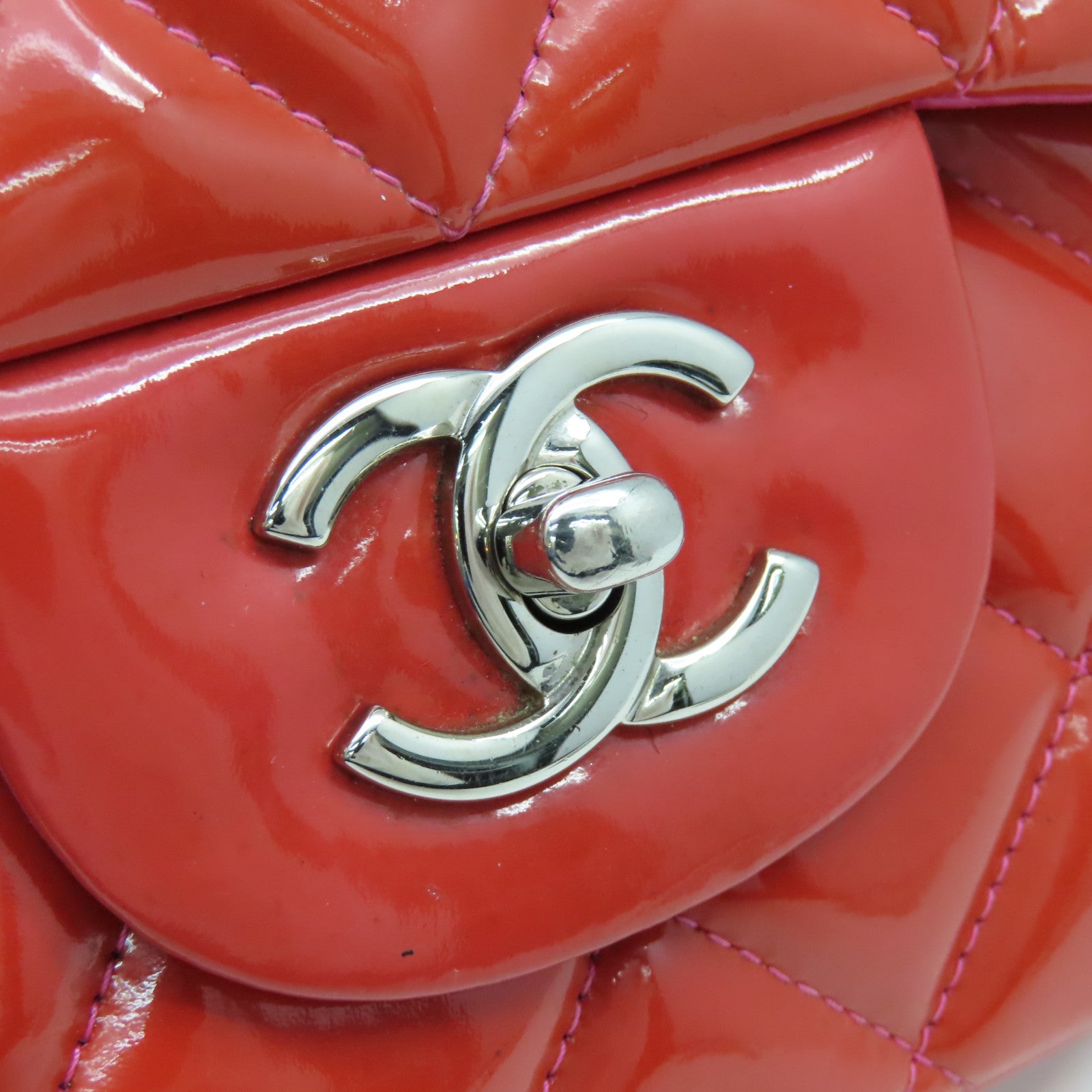 CHANEL 【激減優惠】菱格漆皮皮革Chain Shoulder銀扣鏈帶肩背袋紅色
