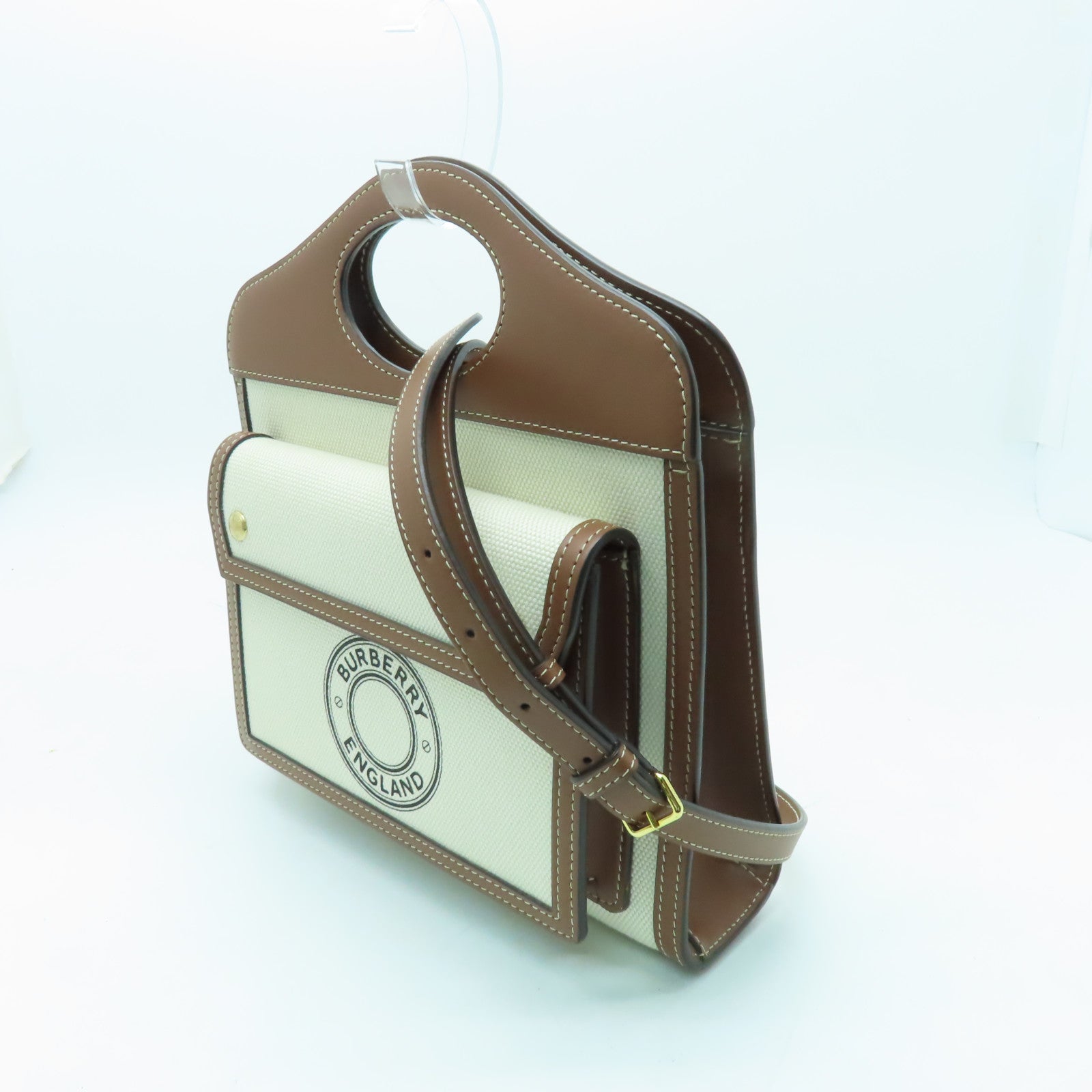 BURBERRY 帆布/皮革Mini Logo Graphic Crossbody Bag金扣手挽肩背兩用袋白色/啡色