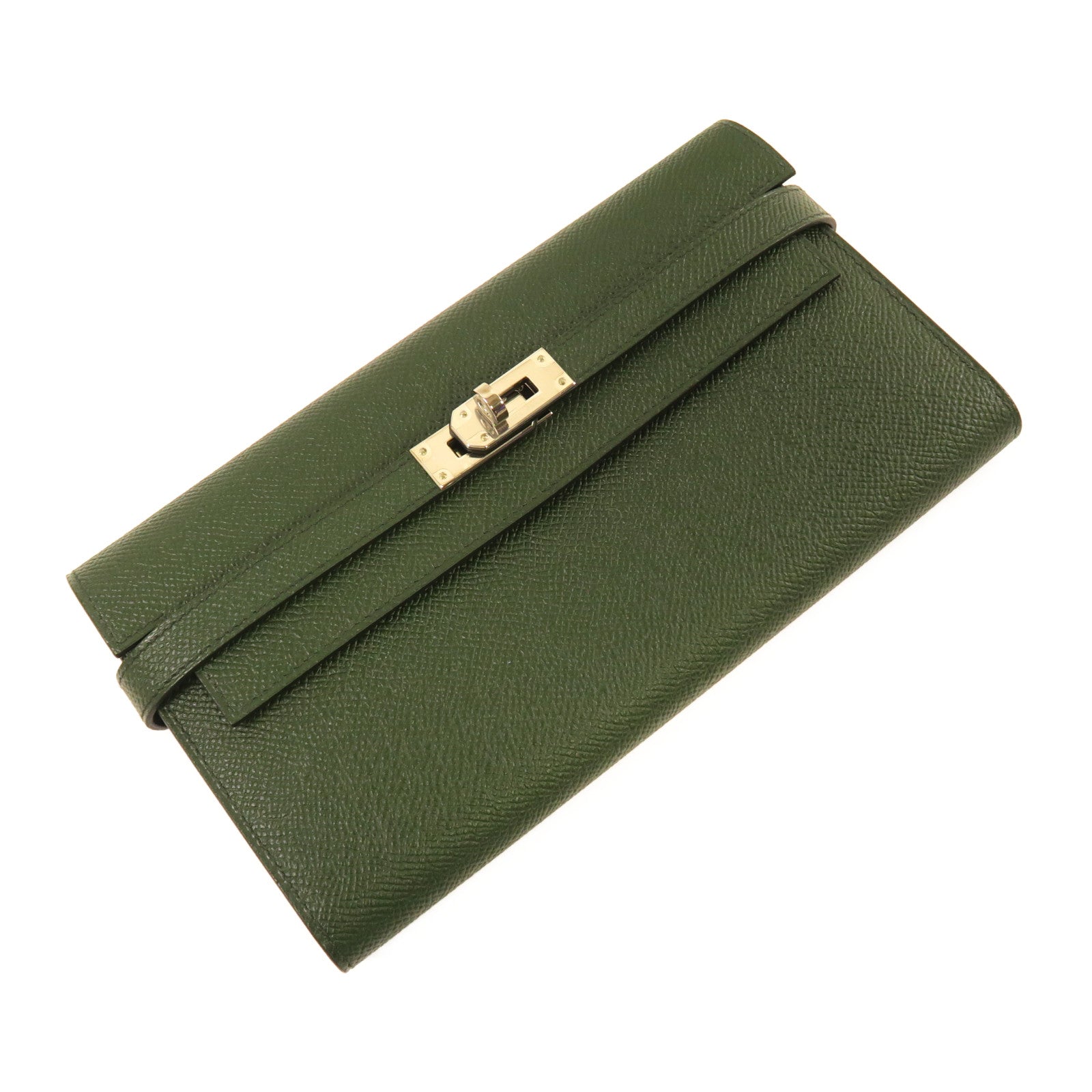 HERMES Epsom皮革Kelly Long Wallet銀扣長錢包英國綠色