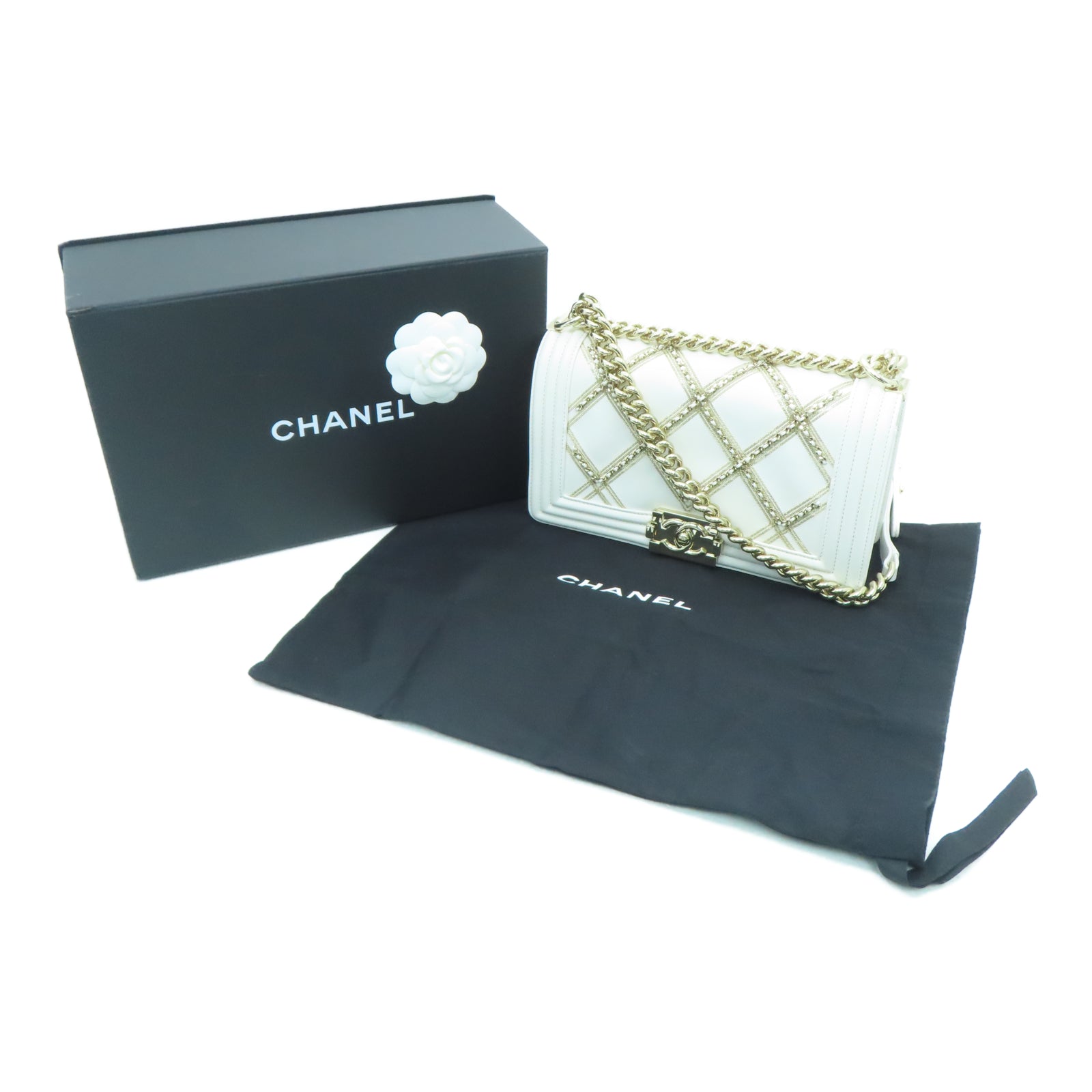 CHANEL rhombic cowhide leather Shoulder Bag gold buckle chain shoulder bag white