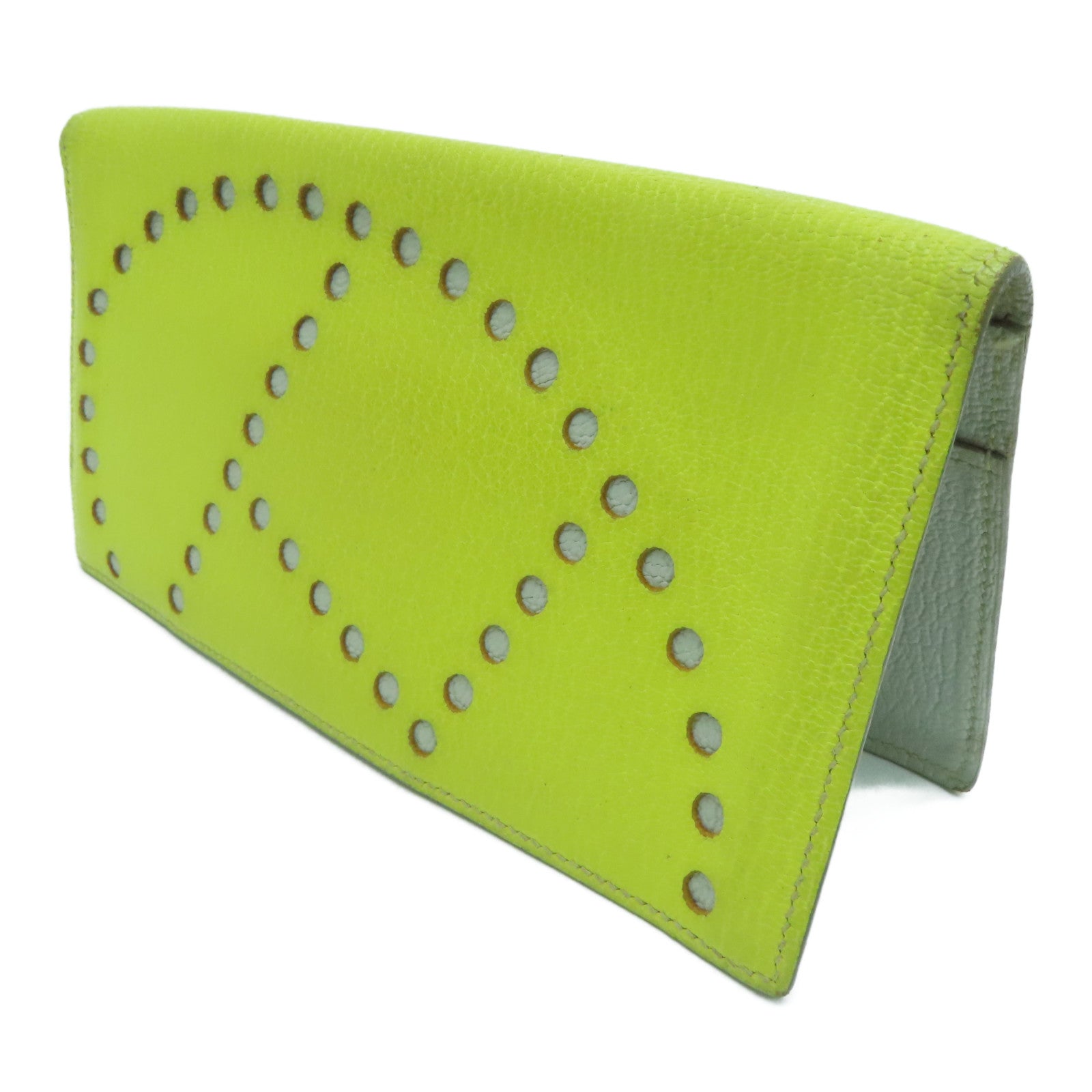 HERMES Chevre皮革H Dot Evelyne Wallet长钱包Lime黄色