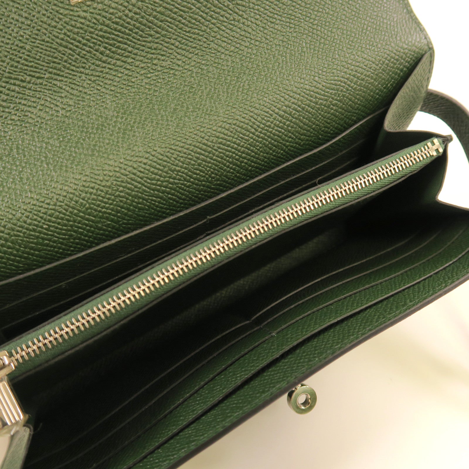 HERMES Epsom皮革Kelly Long Wallet銀扣長錢包英國綠色
