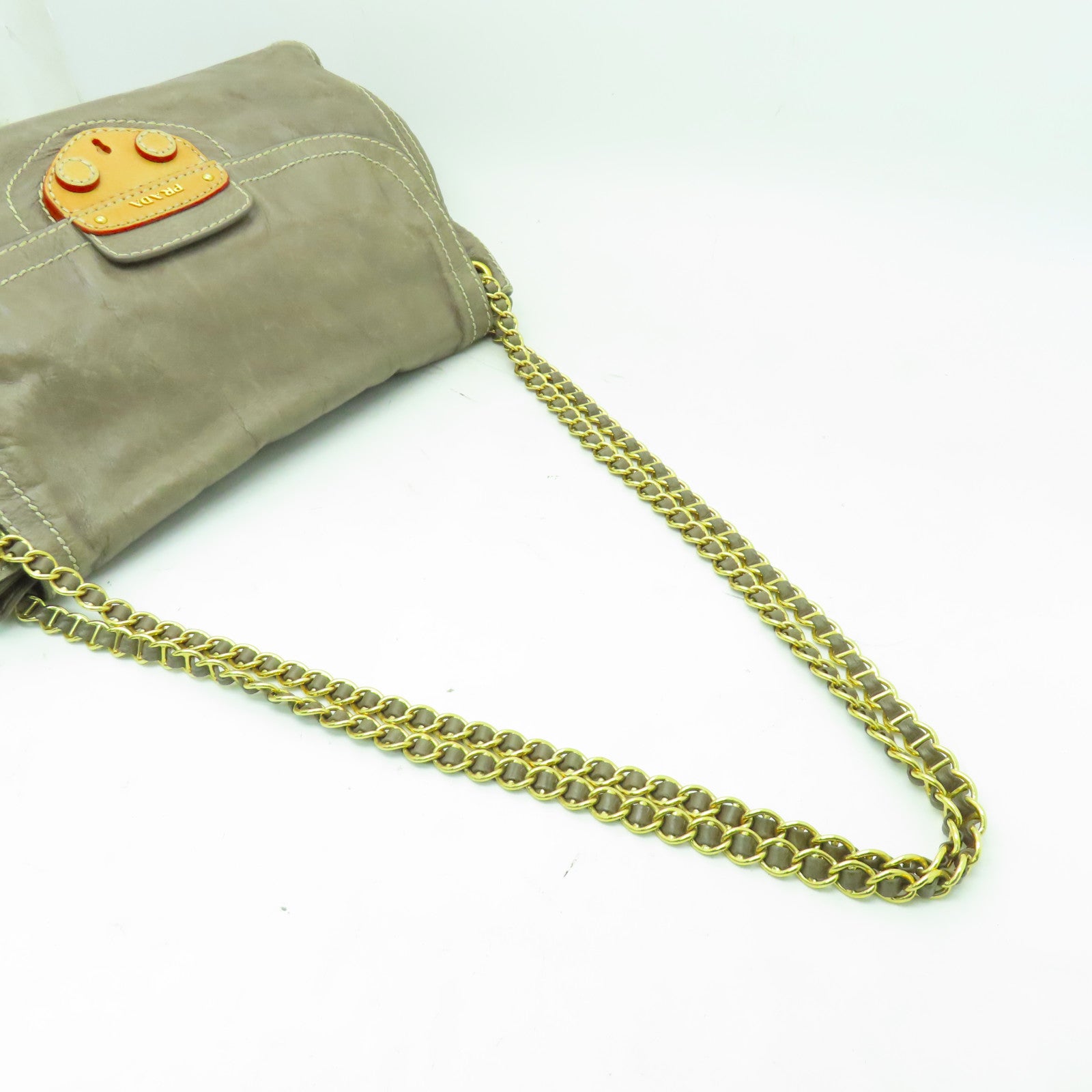 PRADA 牛皮皮革Chain Shoulder金扣鏈帶肩背袋灰色