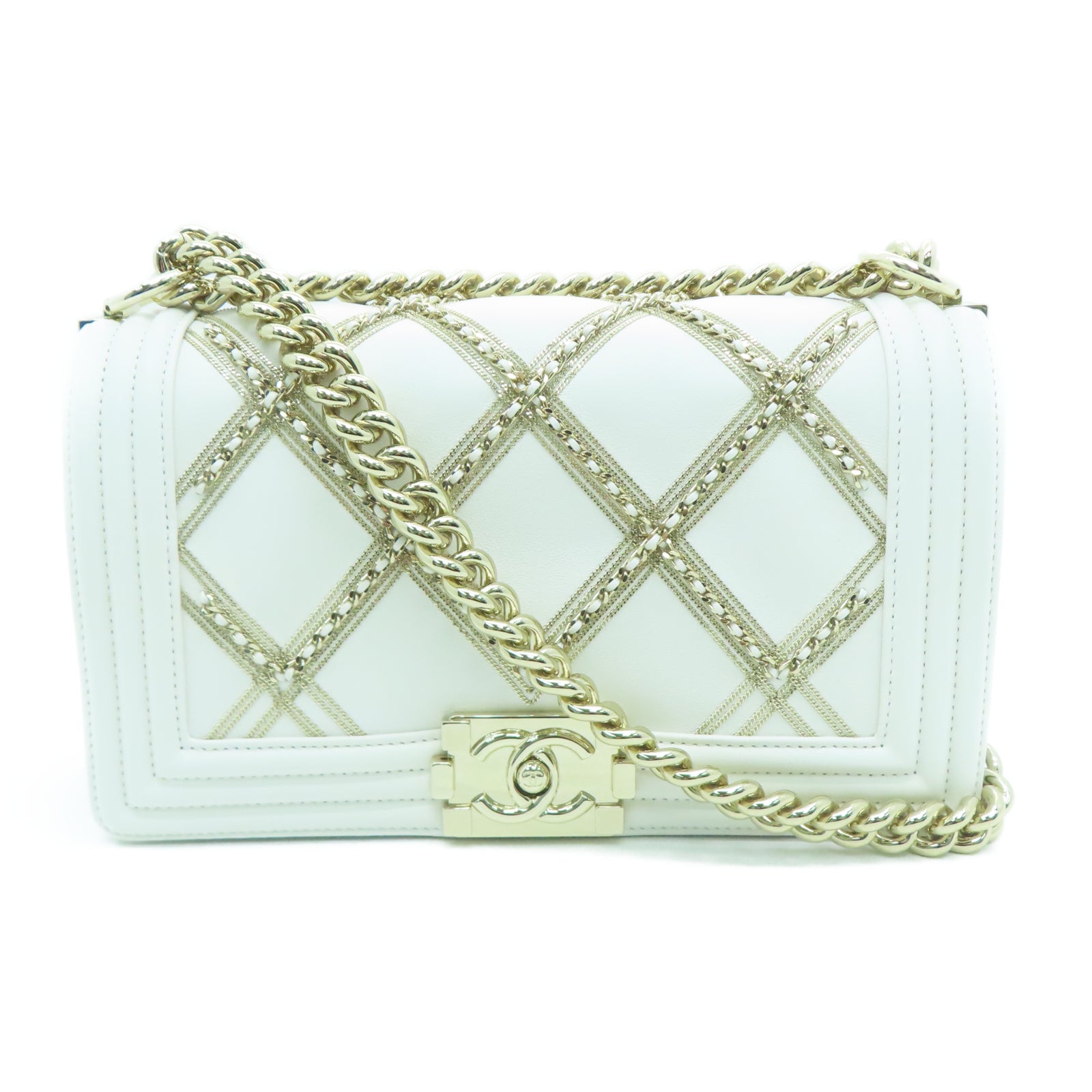 CHANEL rhombic cowhide leather Shoulder Bag gold buckle chain shoulder bag white