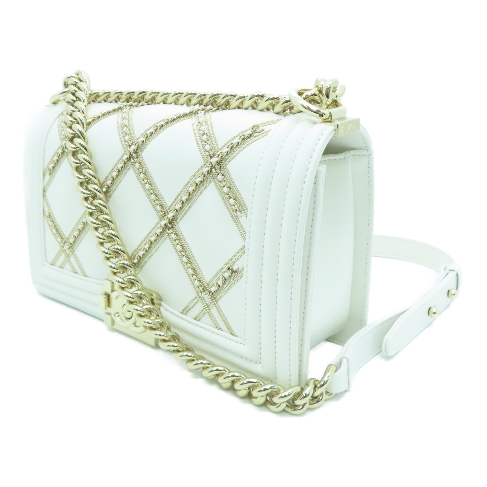 CHANEL rhombic cowhide leather Shoulder Bag gold buckle chain shoulder bag white