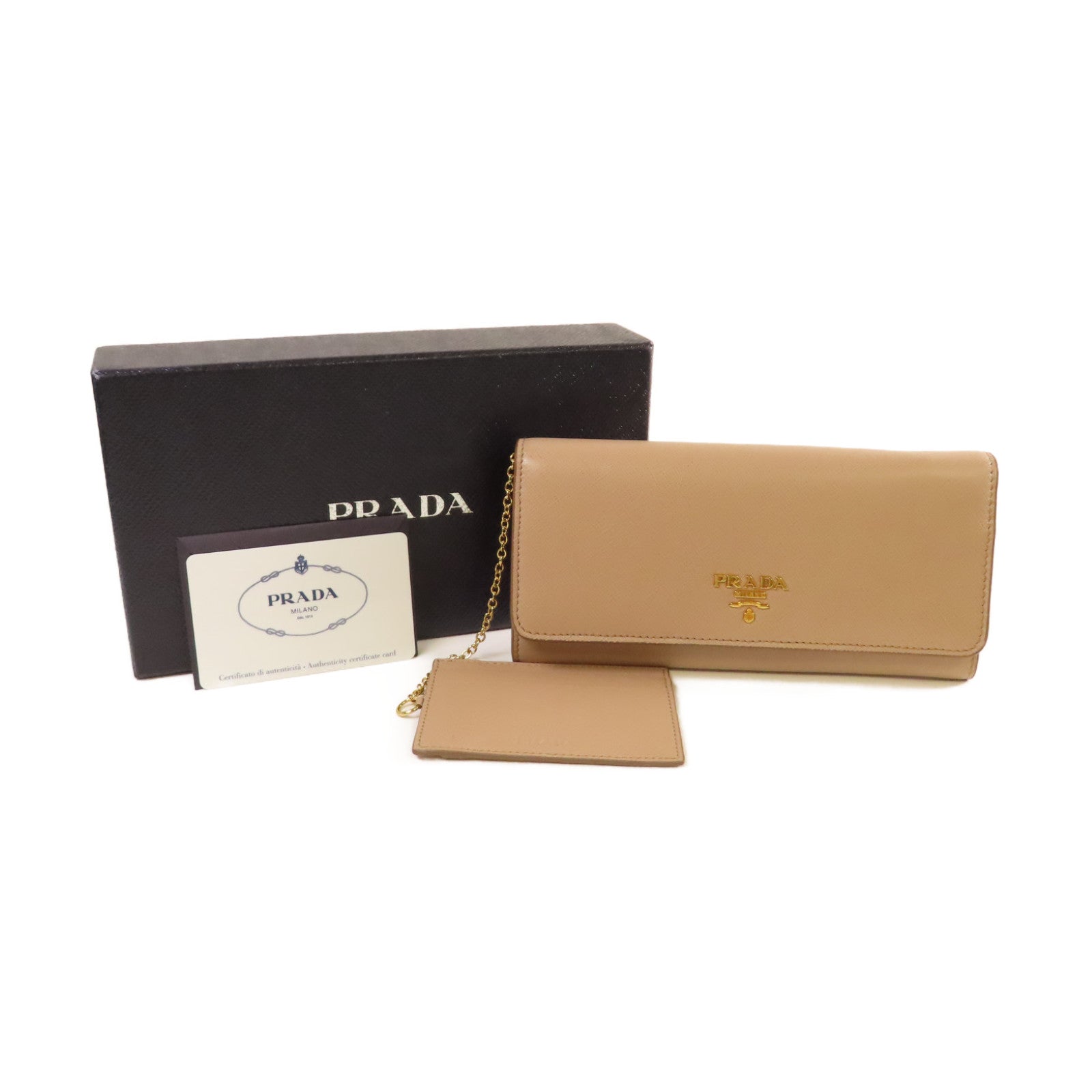 PRADA Saffiano皮革Long Wallet金扣長錢包杏色