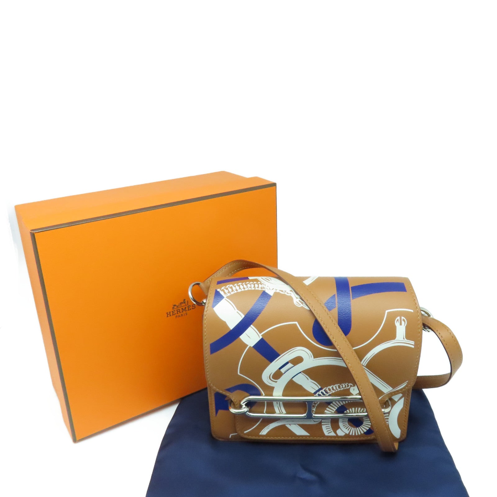 HERMES Epsom皮革Mini Roulis Eperon银扣肩背袋Gold/Blanc/Bleu啡色/白色/蓝色