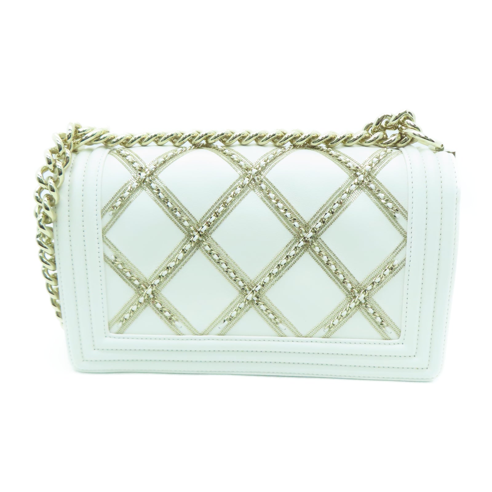 CHANEL rhombic cowhide leather Shoulder Bag gold buckle chain shoulder bag white
