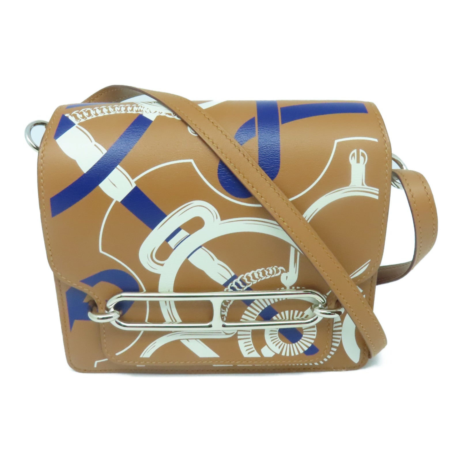 HERMES Epsom皮革Mini Roulis Eperon银扣肩背袋Gold/Blanc/Bleu啡色/白色/蓝色