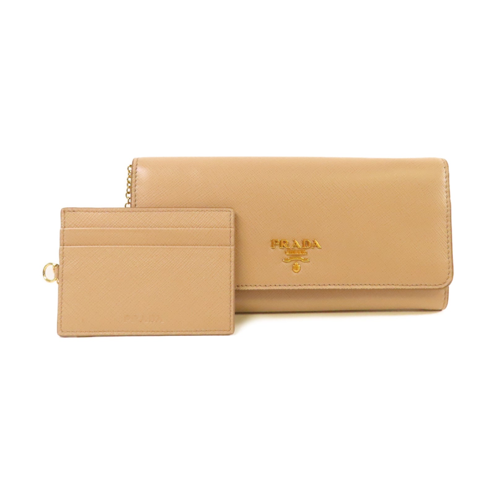 PRADA Saffiano皮革Long Wallet金扣長錢包杏色