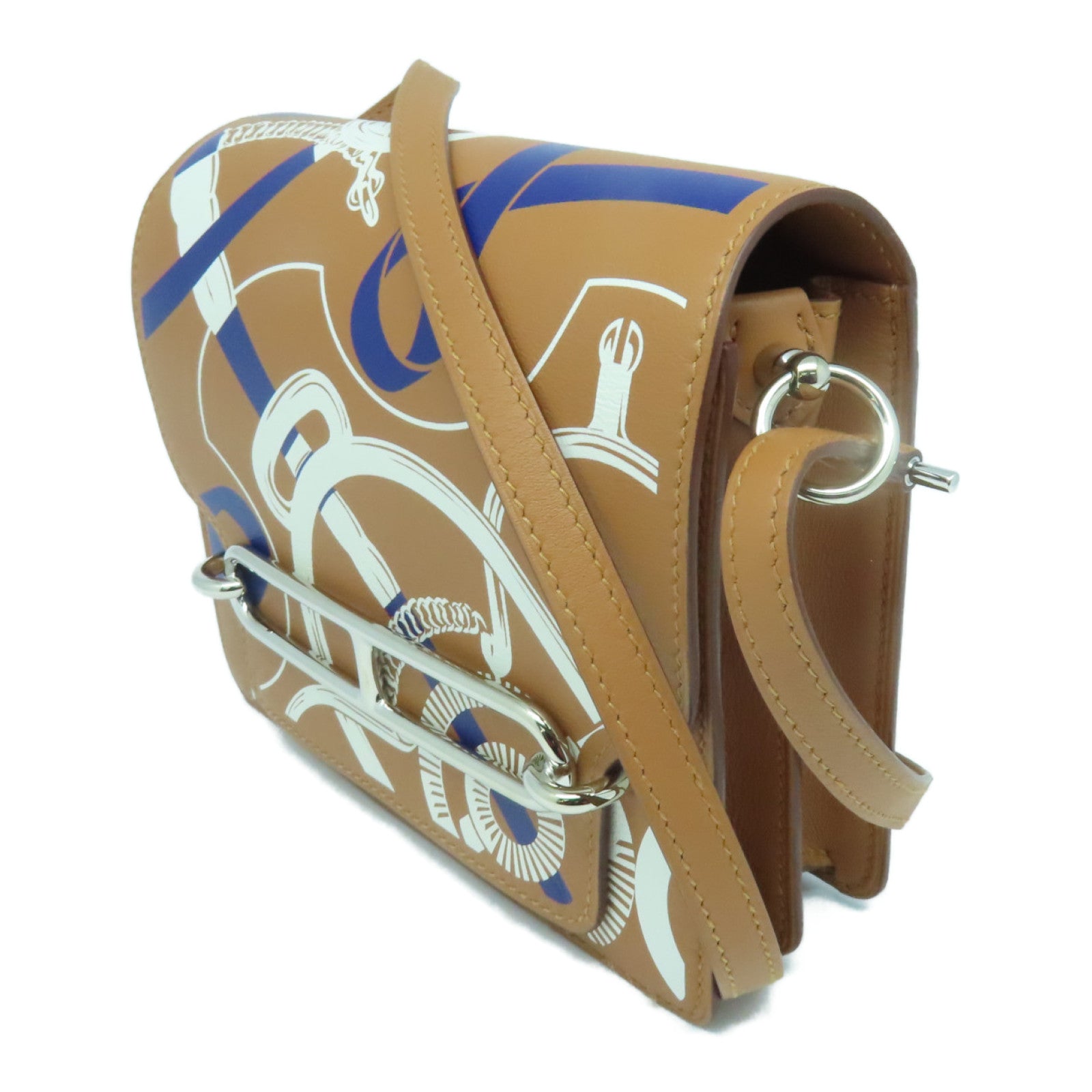 HERMES Epsom皮革Mini Roulis Eperon银扣肩背袋Gold/Blanc/Bleu啡色/白色/蓝色