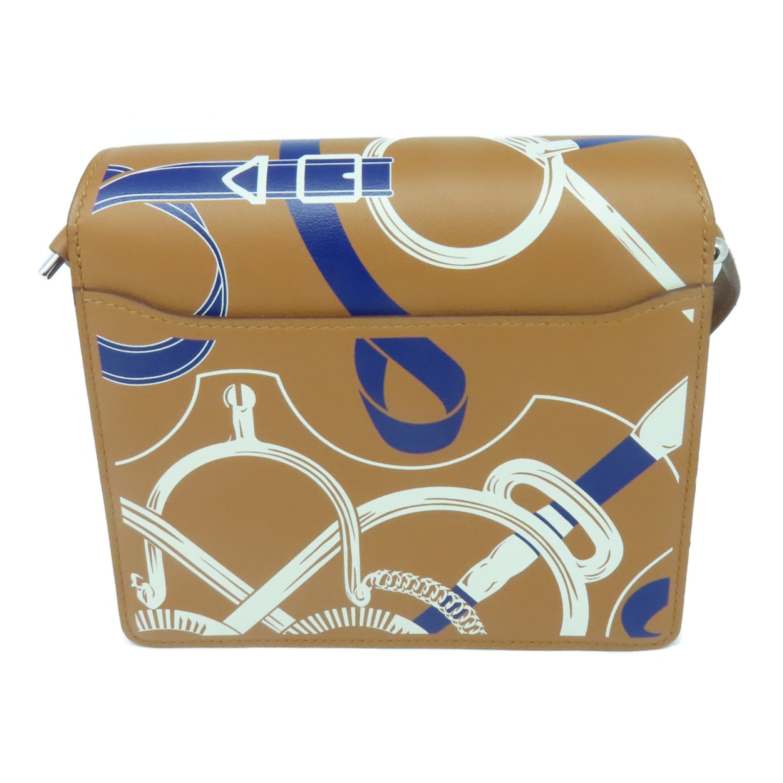 HERMES Epsom皮革Mini Roulis Eperon银扣肩背袋Gold/Blanc/Bleu啡色/白色/蓝色