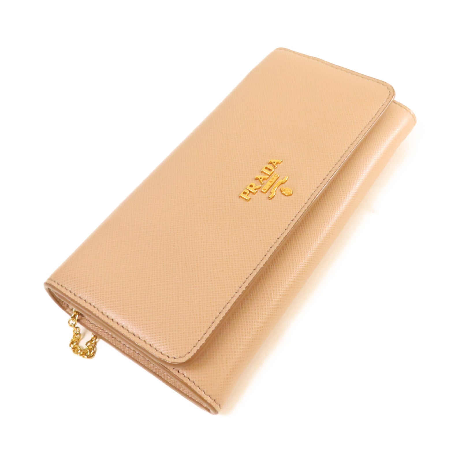 PRADA Saffiano皮革Long Wallet金扣長錢包杏色