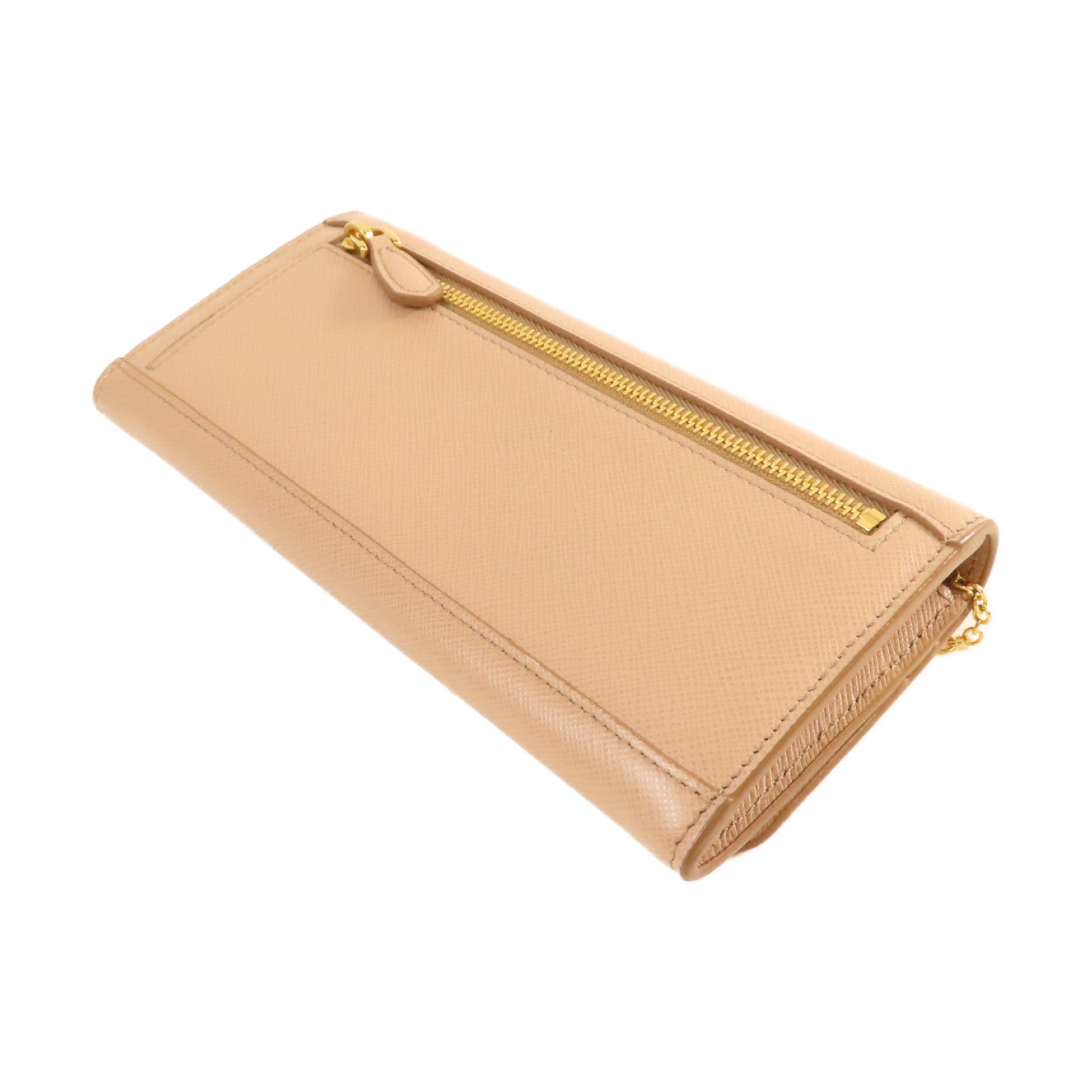 PRADA Saffiano皮革Long Wallet金扣長錢包杏色