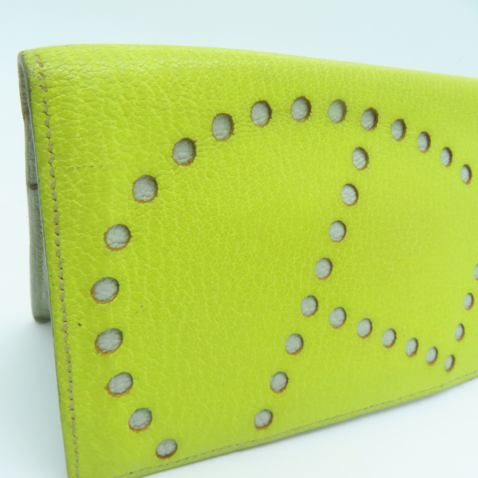 HERMES Chevre皮革H Dot Evelyne Wallet长钱包Lime黄色