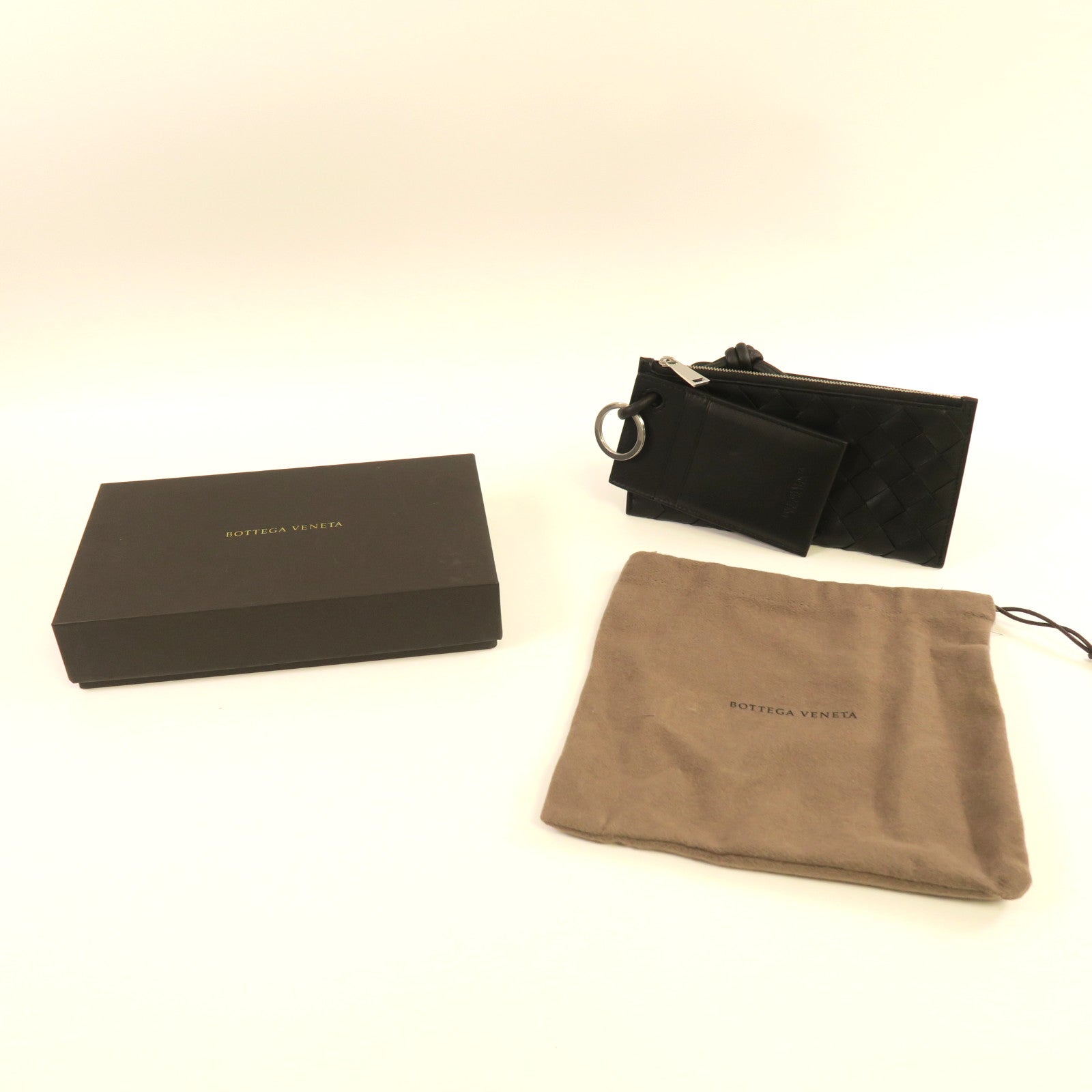 BOTTEGA VENETA 織紋牛皮皮革Pouch With Card Case銀扣手拿包黑色