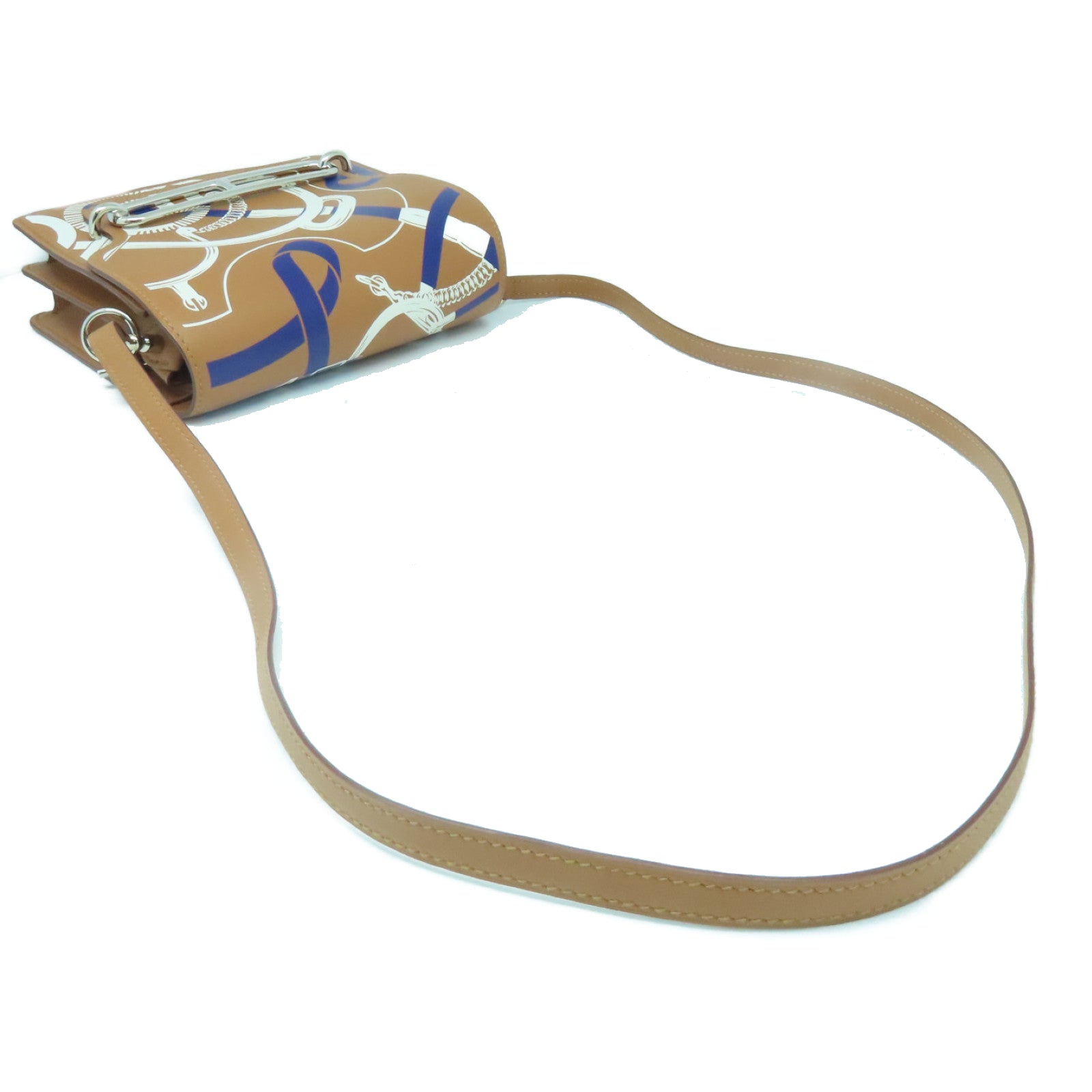HERMES Epsom皮革Mini Roulis Eperon银扣肩背袋Gold/Blanc/Bleu啡色/白色/蓝色
