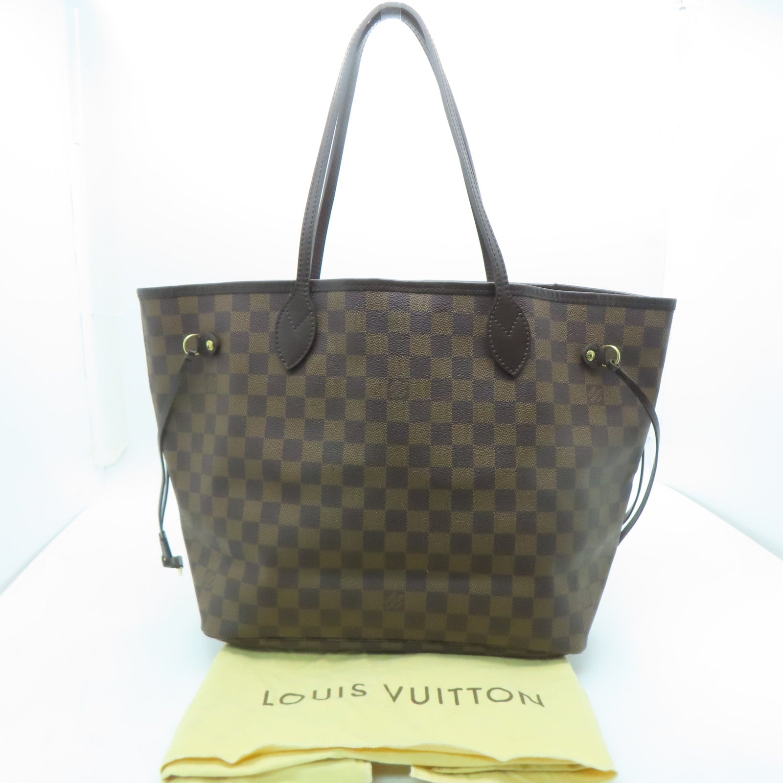 LOUIS VUITTON Damier Neverfull MM gold buckle handle bag brown