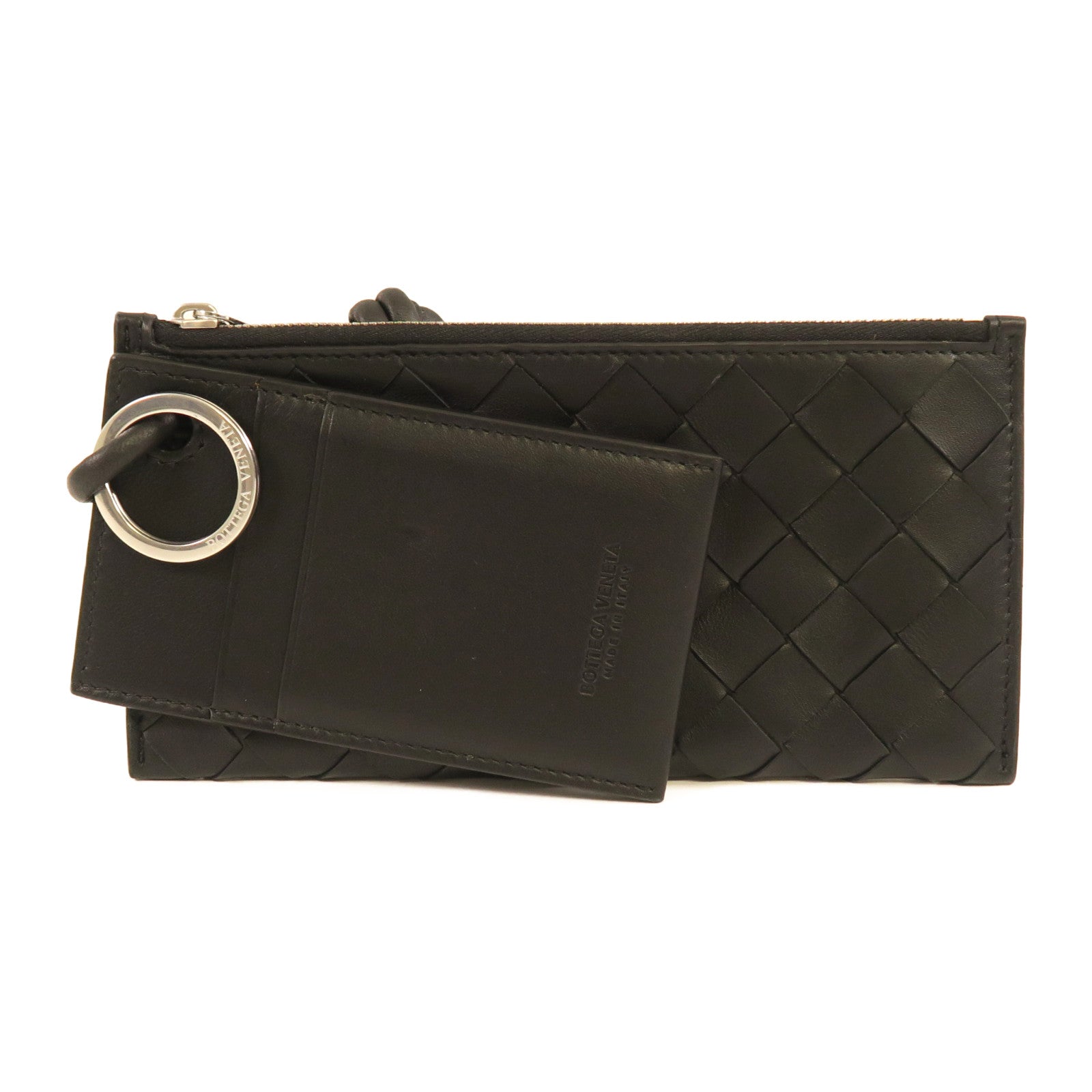 BOTTEGA VENETA 織紋牛皮皮革Pouch With Card Case銀扣手拿包黑色