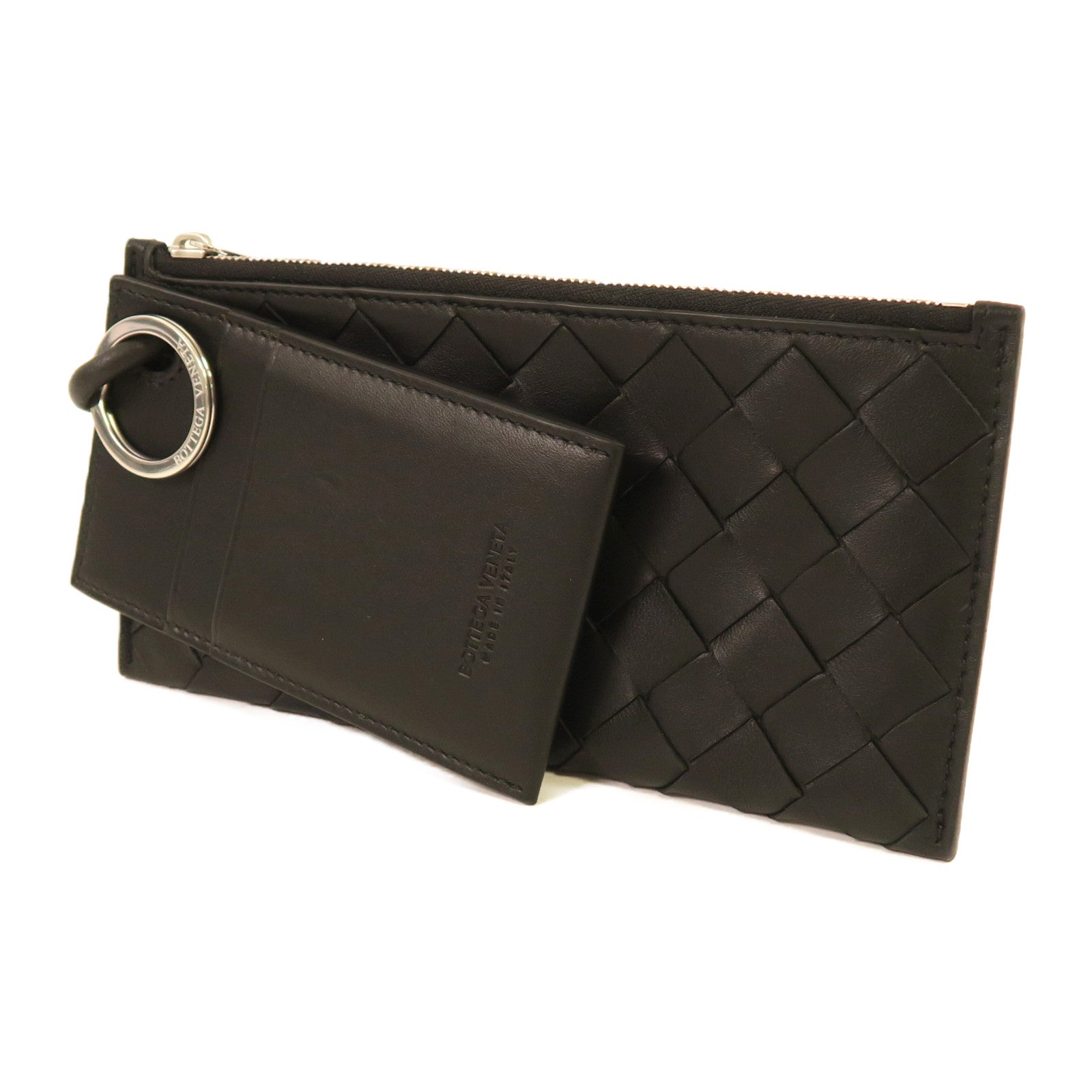 BOTTEGA VENETA 織紋牛皮皮革Pouch With Card Case銀扣手拿包黑色