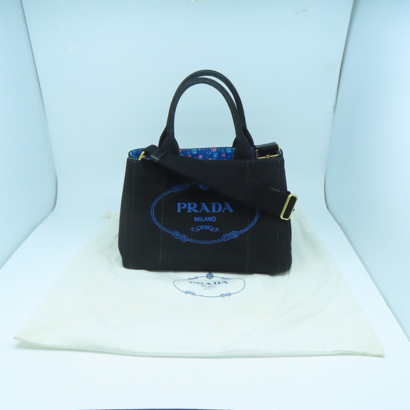 PRADA 帆布2 Way Shoulderq金扣手挽肩背兩用袋黑色/藍色