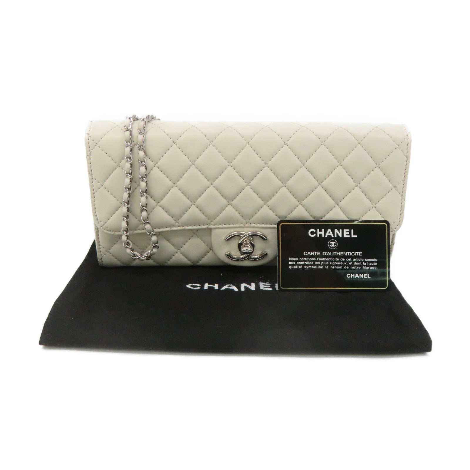 CHANEL 【激減優惠】菱格羊皮皮革Chain Shoulder Bag銀扣鏈帶肩背袋米白色