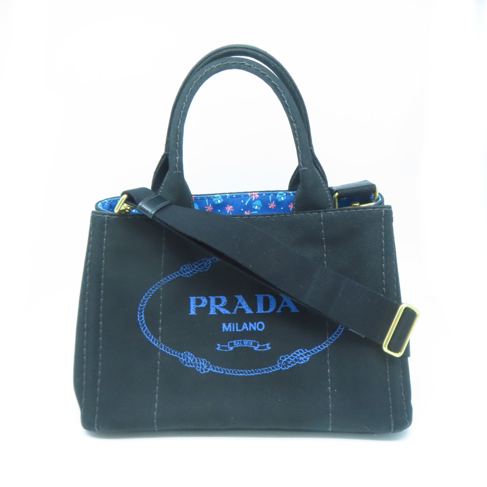 PRADA 帆布2 Way Shoulderq金扣手挽肩背兩用袋黑色/藍色