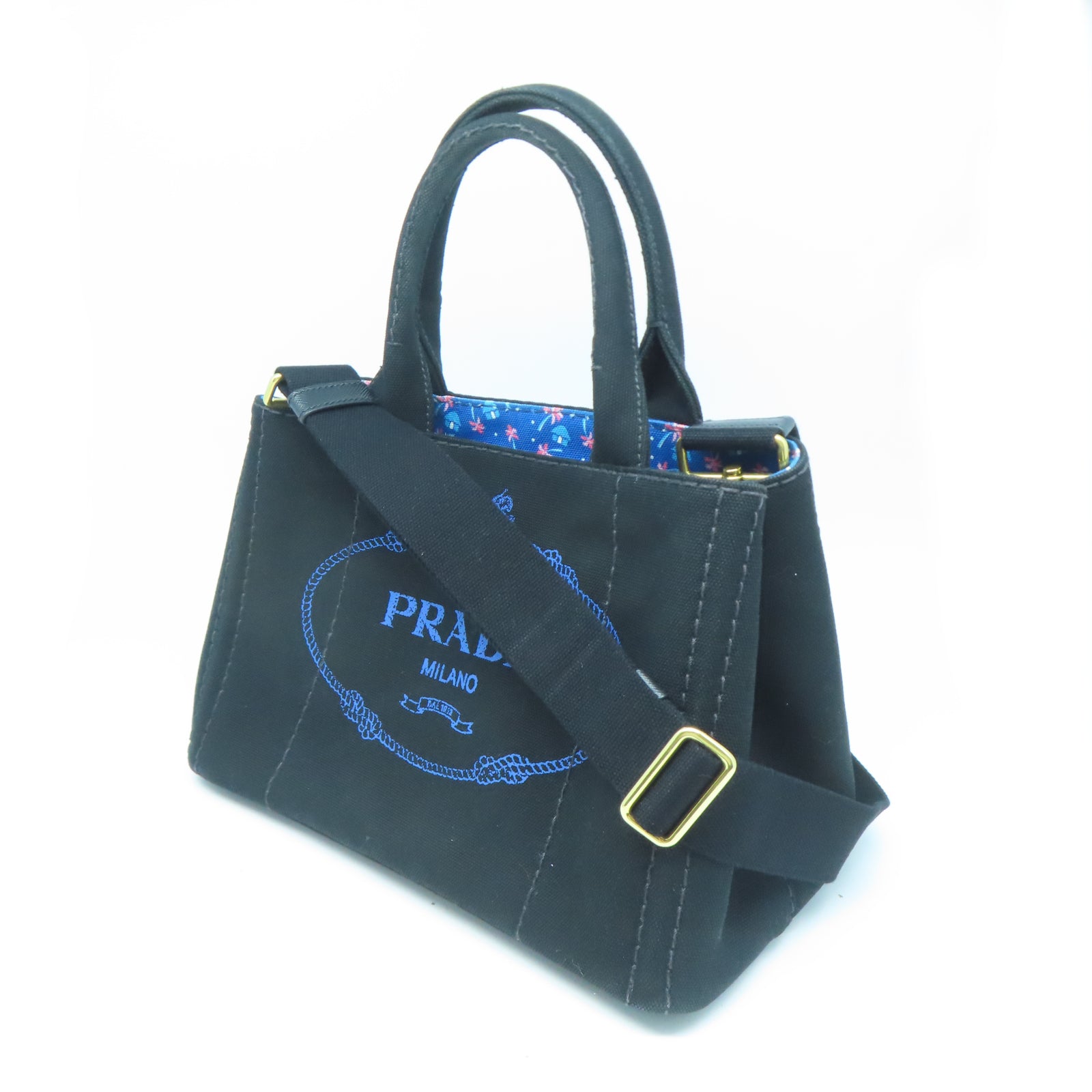 PRADA 帆布2 Way Shoulderq金扣手挽肩背兩用袋黑色/藍色