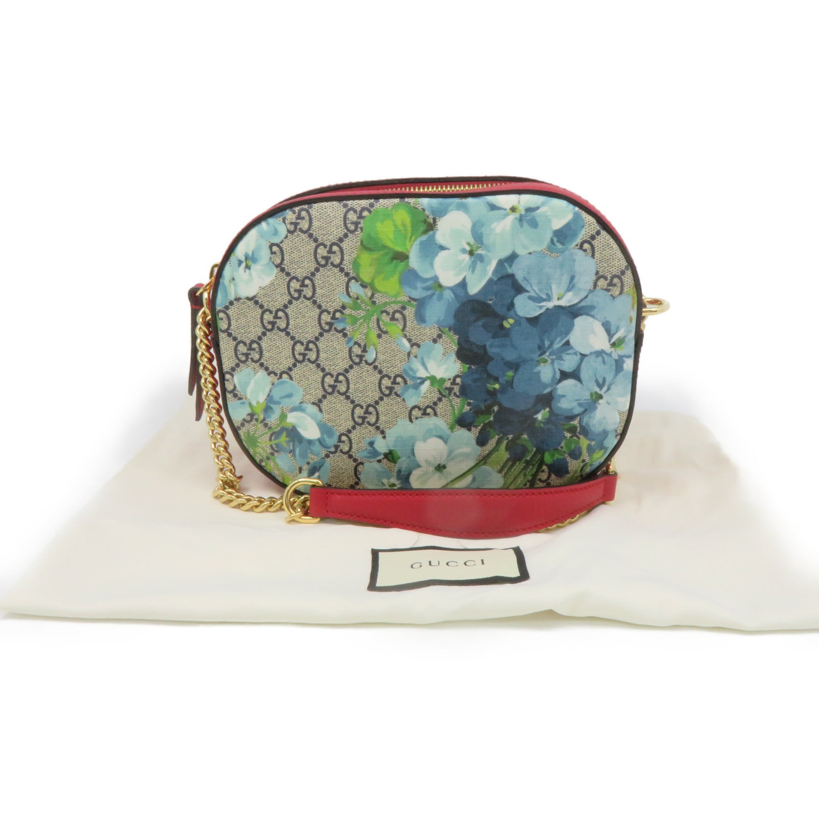 GUCCI 塗層帆布Blooms Chain Shoulder Bag鏈帶肩背袋啡色/紅色