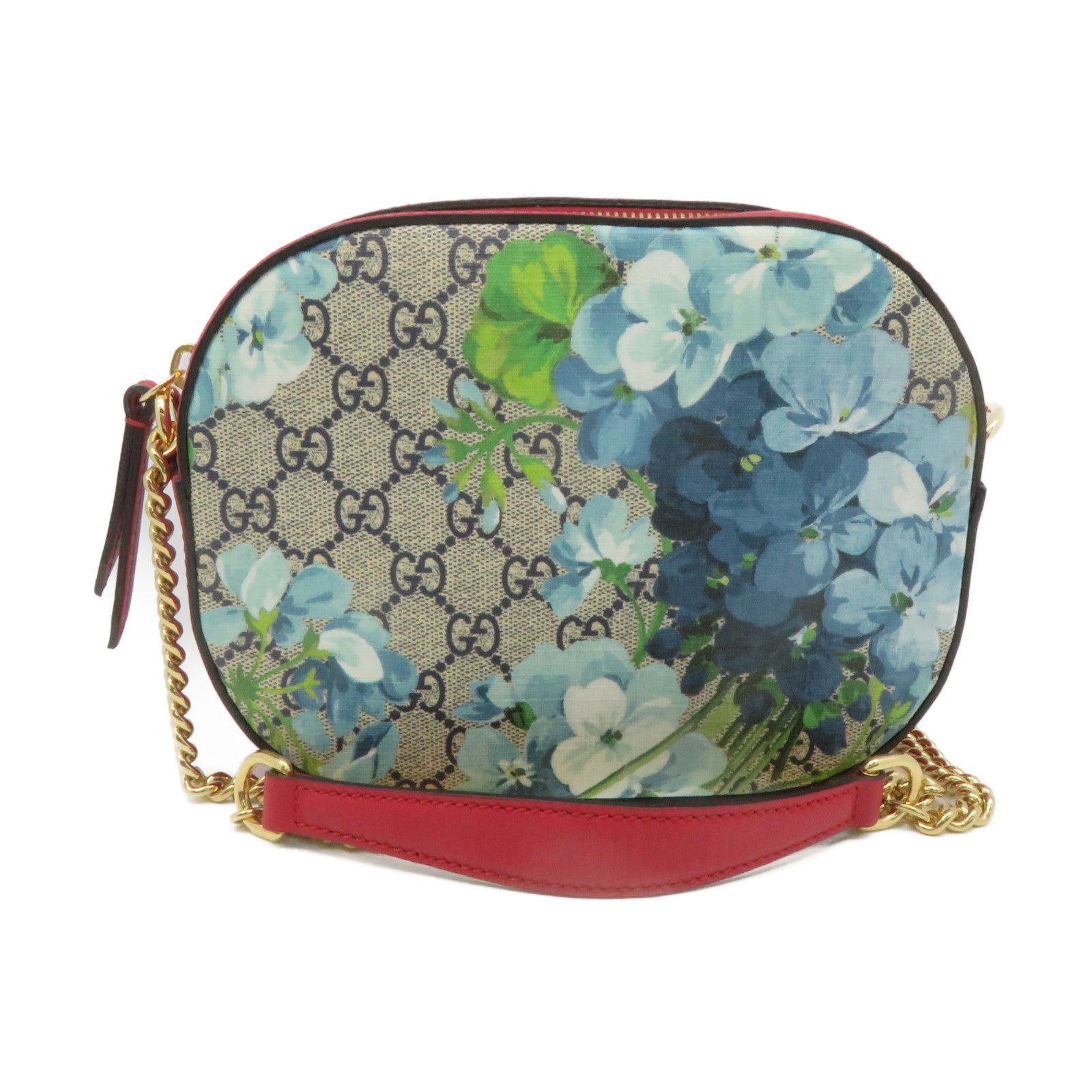 GUCCI 塗層帆布Blooms Chain Shoulder Bag鏈帶肩背袋啡色/紅色