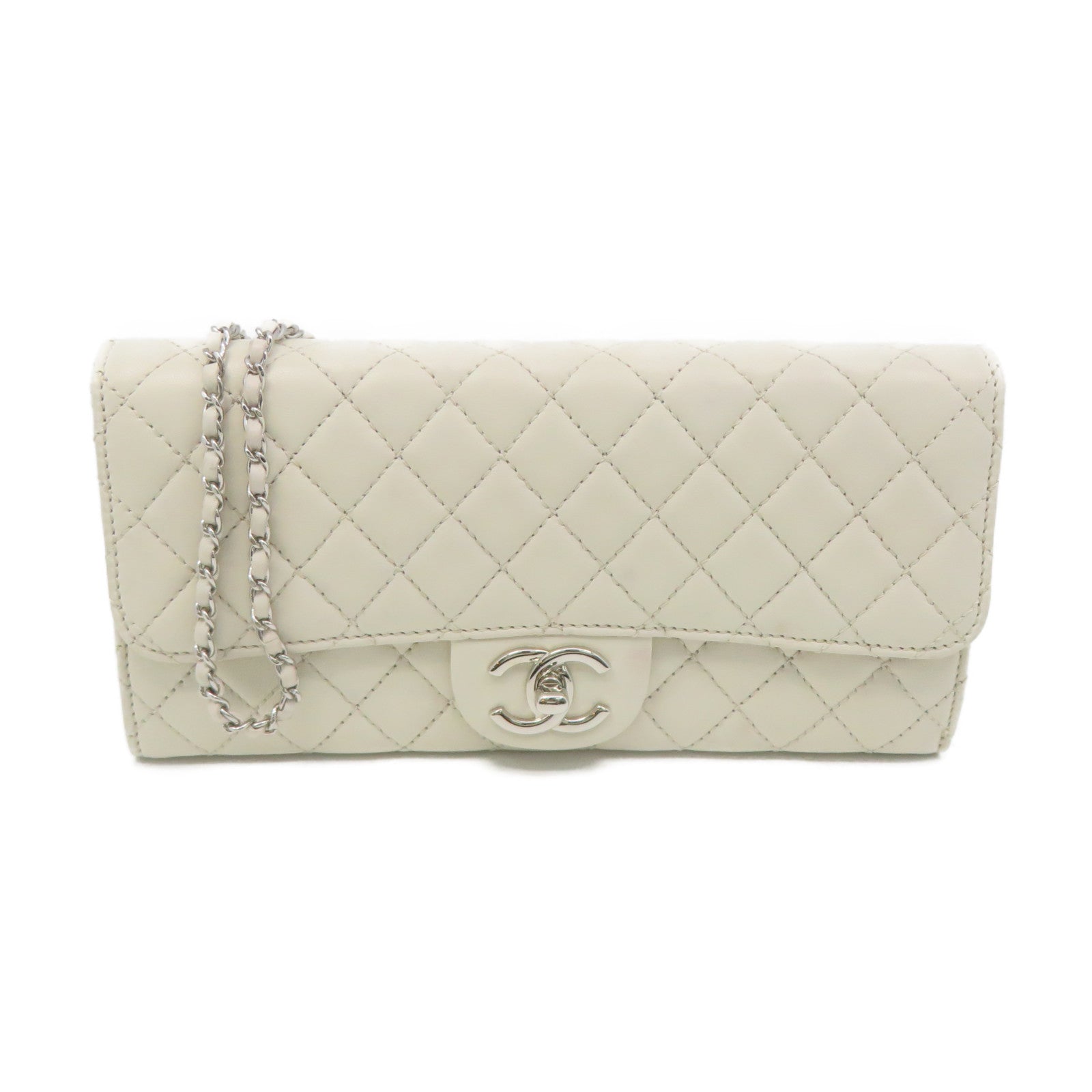 CHANEL 【激減優惠】菱格羊皮皮革Chain Shoulder Bag銀扣鏈帶肩背袋米白色