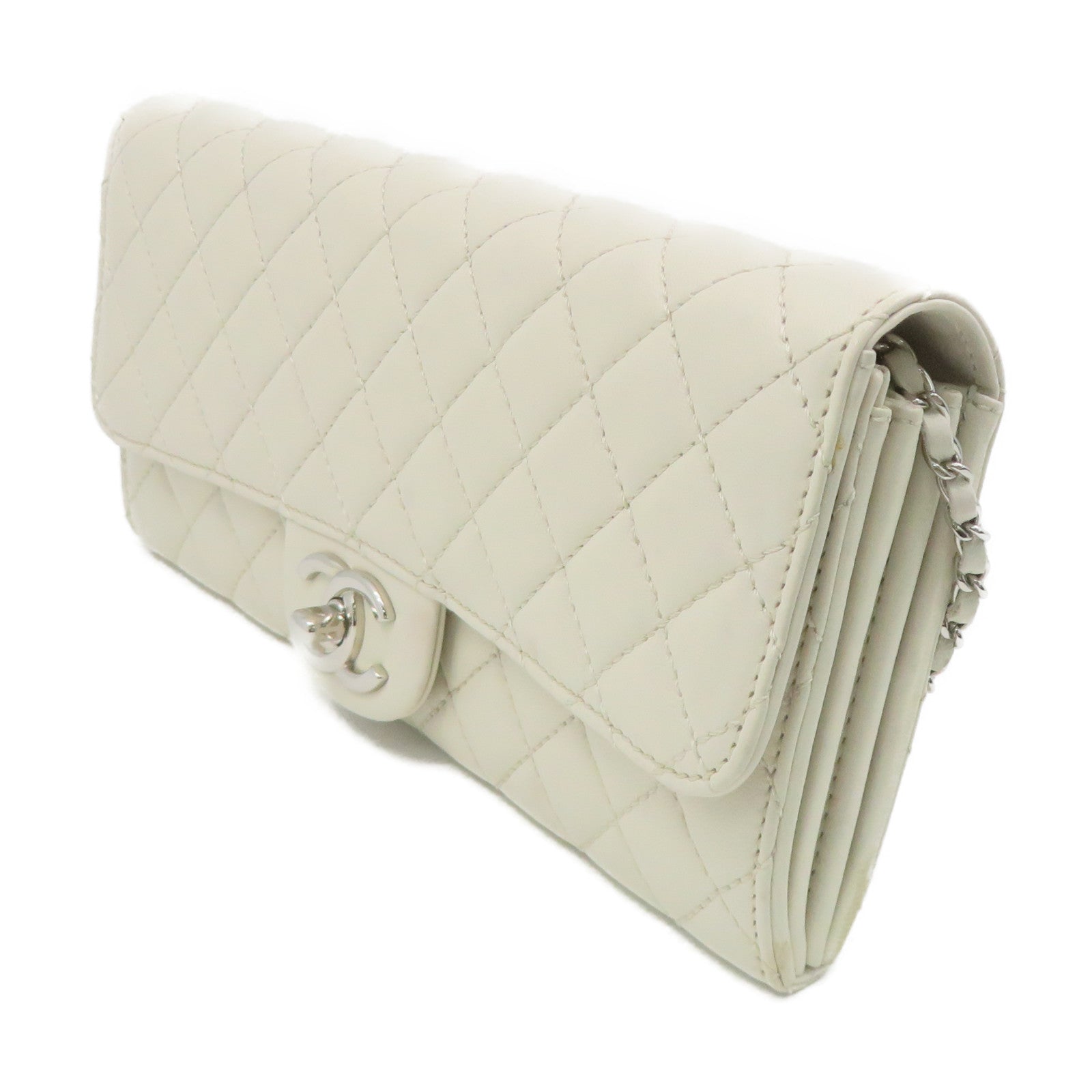 CHANEL 【激減優惠】菱格羊皮皮革Chain Shoulder Bag銀扣鏈帶肩背袋米白色