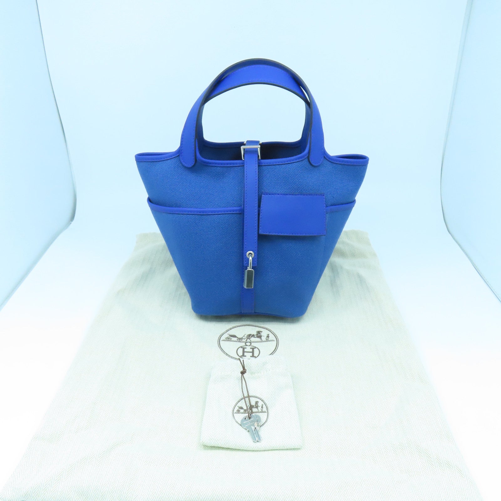 HERMES 帆布/皮革Picotin Cargo PM銀扣手挽袋藍色