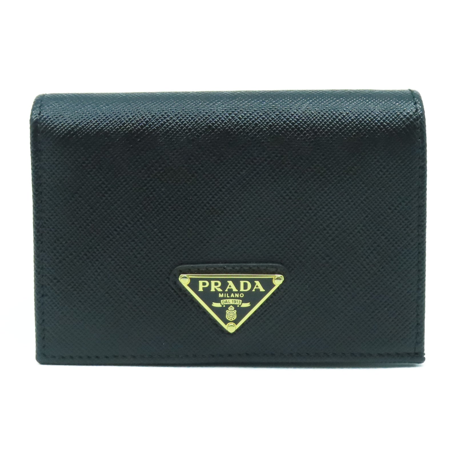 PRADA Saffiano皮革Fold Wallet金扣錢包黑色