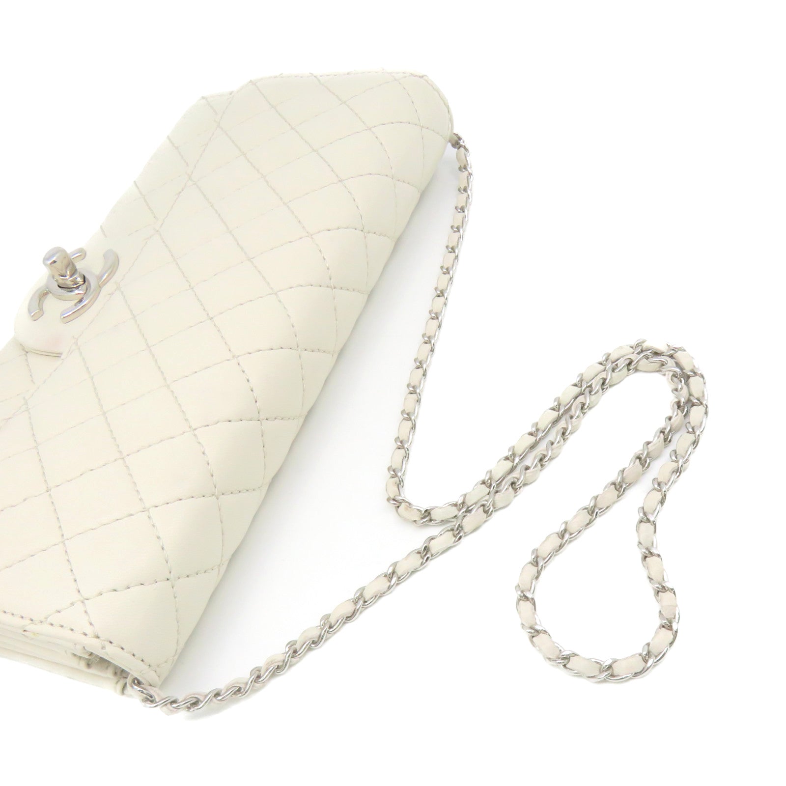 CHANEL 【激減優惠】菱格羊皮皮革Chain Shoulder Bag銀扣鏈帶肩背袋米白色