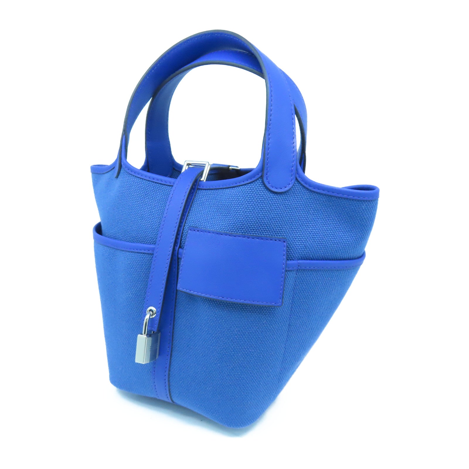 HERMES 帆布/皮革Picotin Cargo PM銀扣手挽袋藍色