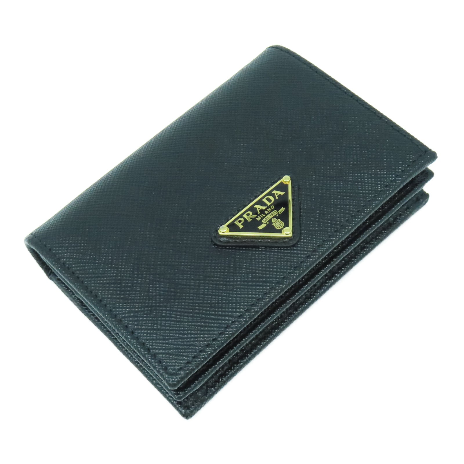 PRADA Saffiano皮革Fold Wallet金扣錢包黑色