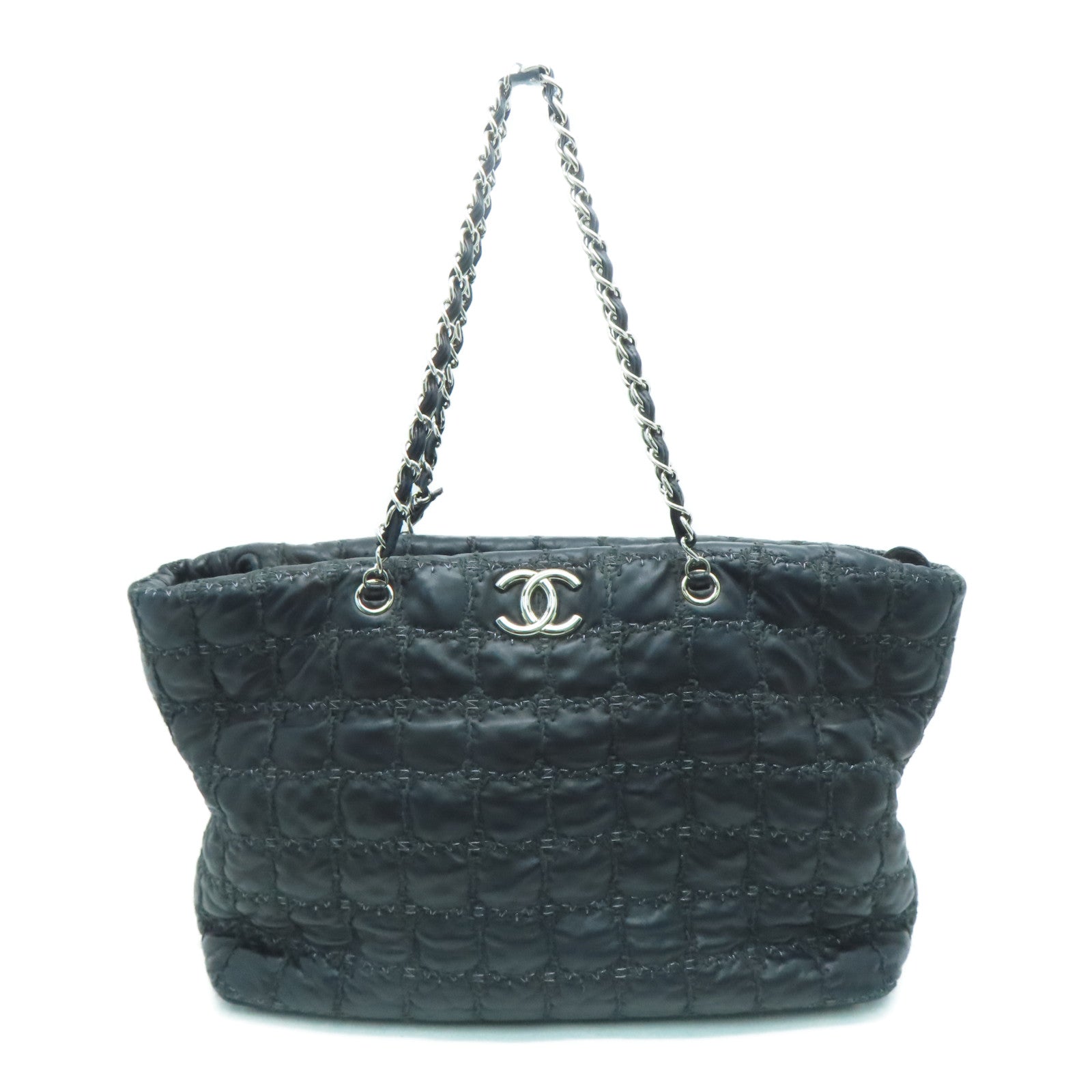 CHANEL 菱格羊皮皮革Chain Shoulder Bag银扣链带肩背袋黑色