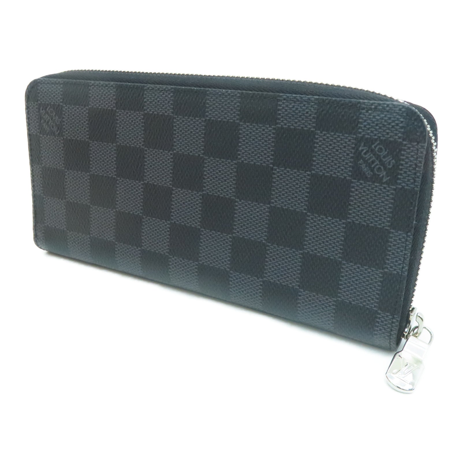 LOUIS VUITTON Damier皮革Zipper Long Wallet銀扣長錢包黑色