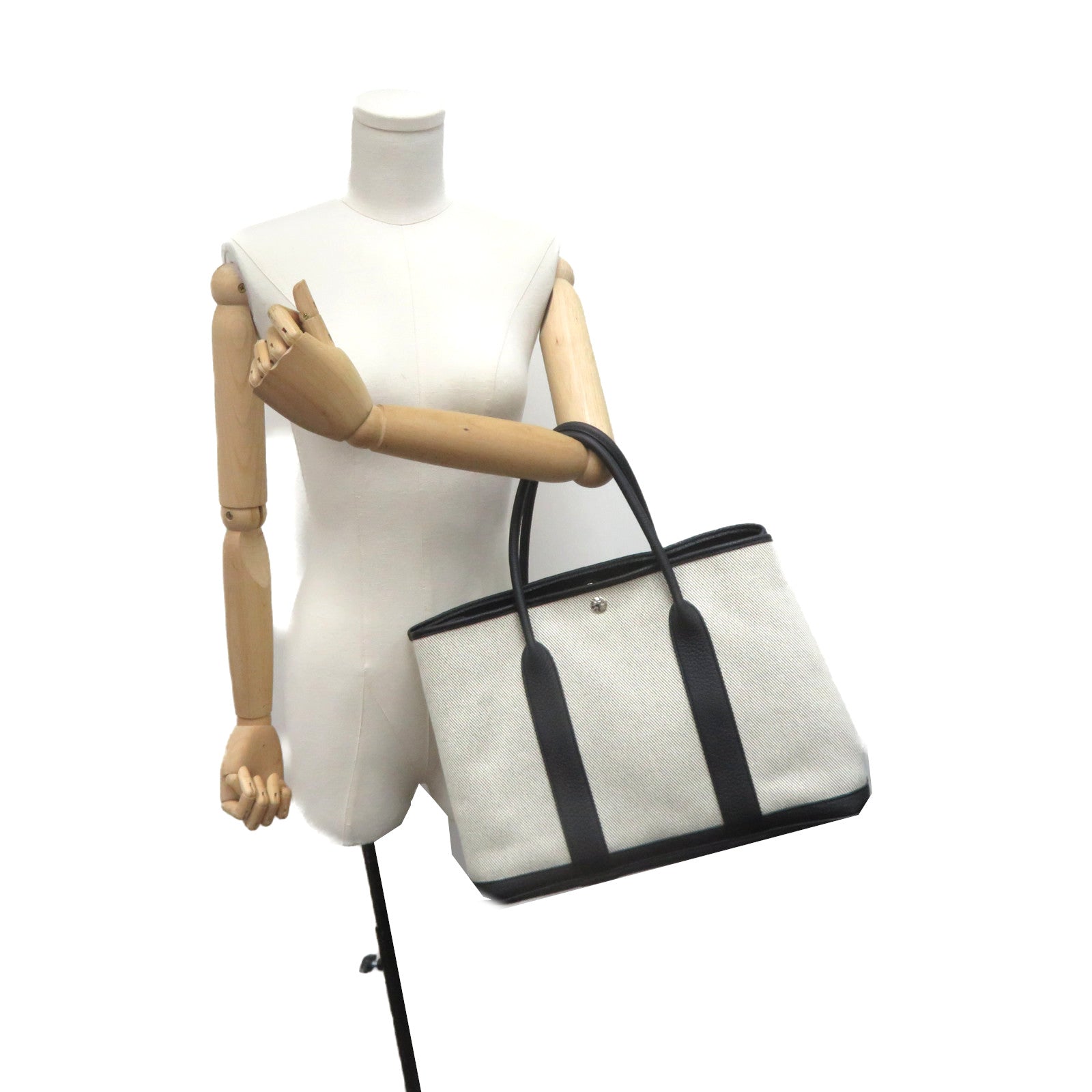 HERMES Toile H/皮革GardenParty PM Tote Bag银扣手挽袋米白色
