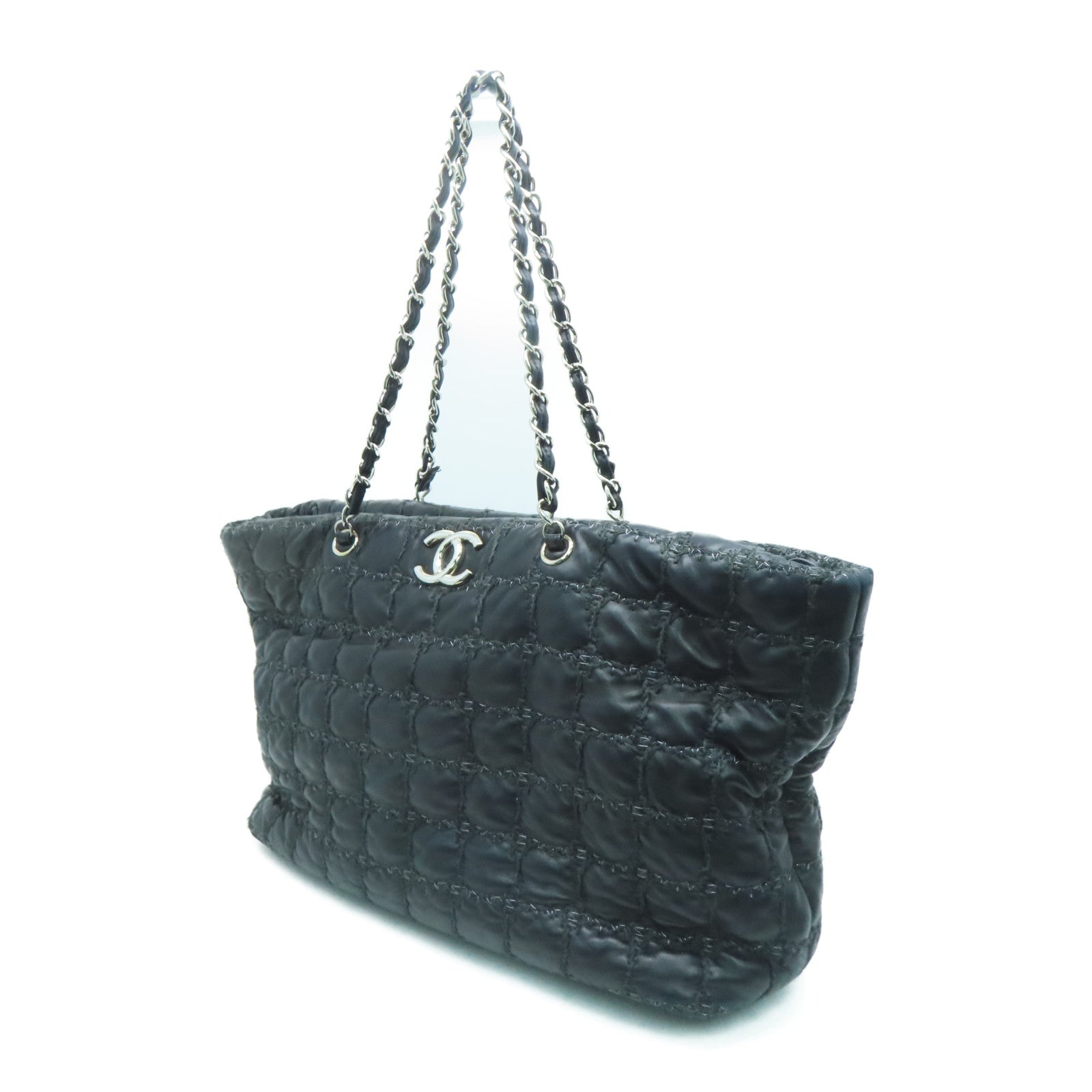 CHANEL 菱格羊皮皮革Chain Shoulder Bag银扣链带肩背袋黑色