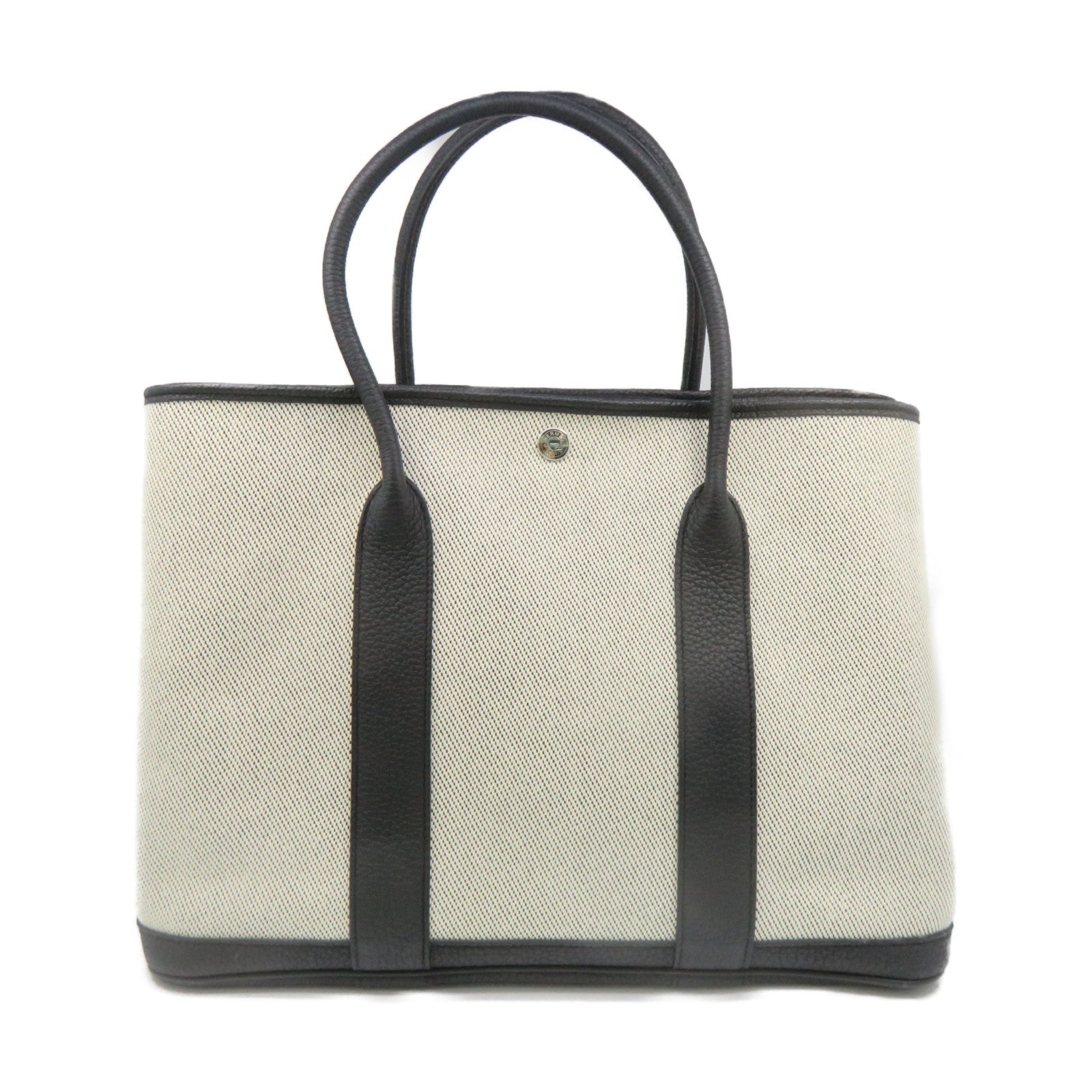 HERMES Toile H/皮革GardenParty PM Tote Bag银扣手挽袋米白色